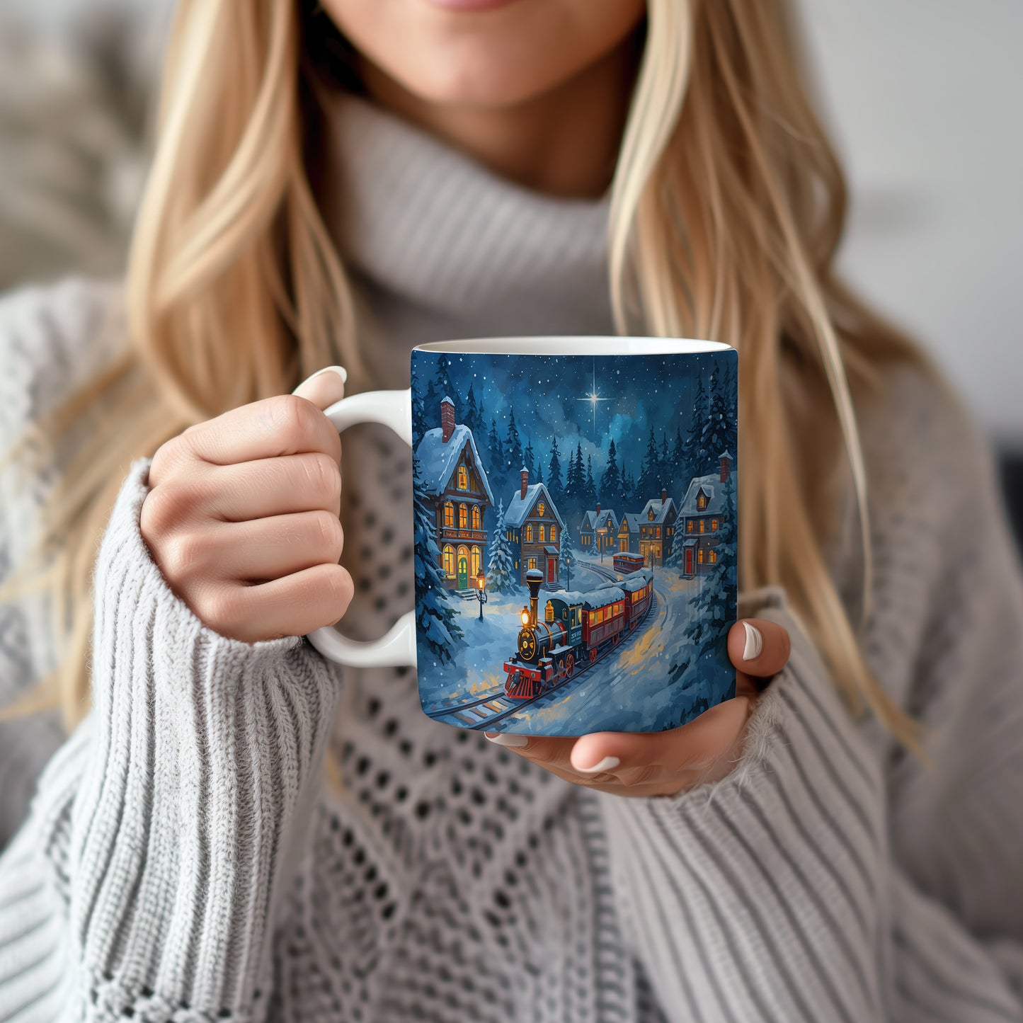 Hrnek s vánočním motivem – noční vlaková scéna – sníh, vlak, domy