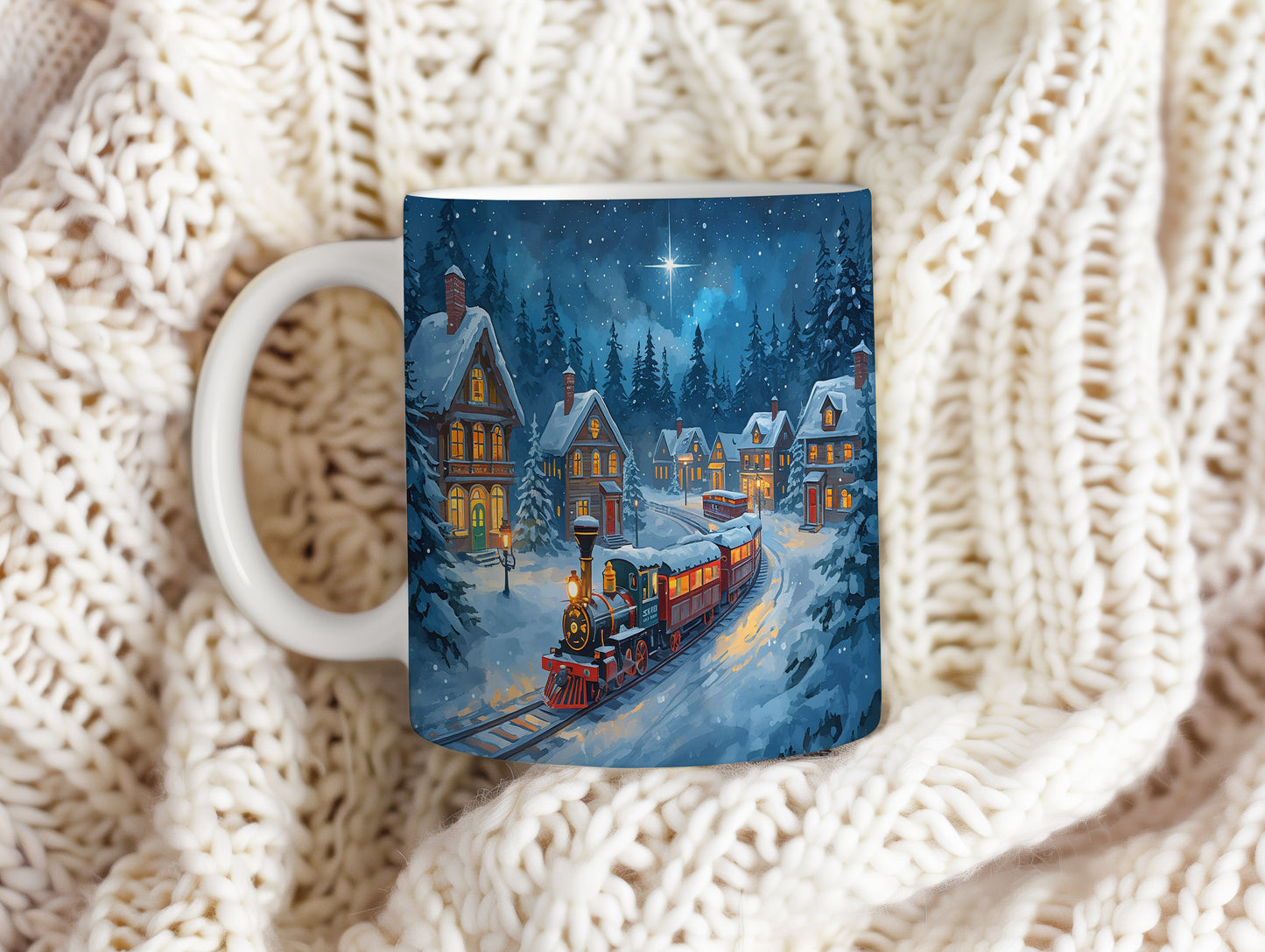 Hrnek s vánočním motivem – noční vlaková scéna – sníh, vlak, domy