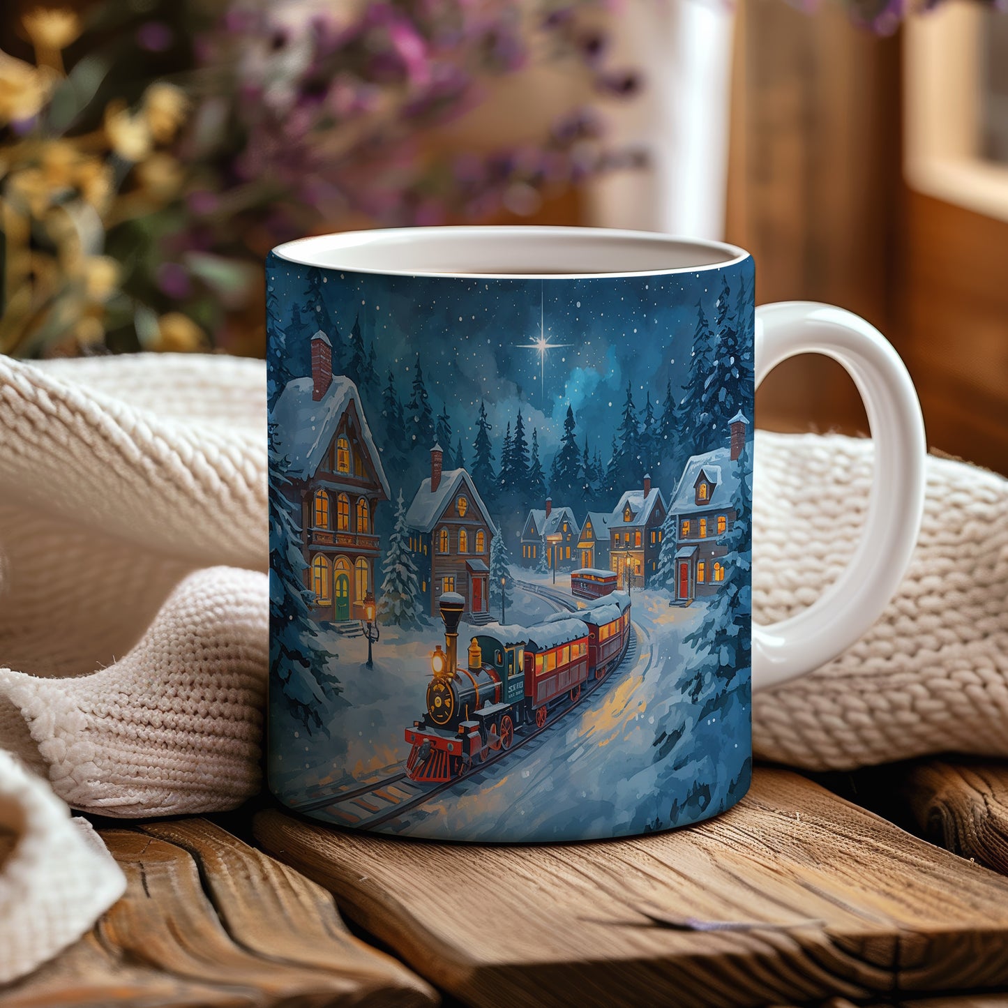Hrnek s vánočním motivem – noční vlaková scéna – sníh, vlak, domy