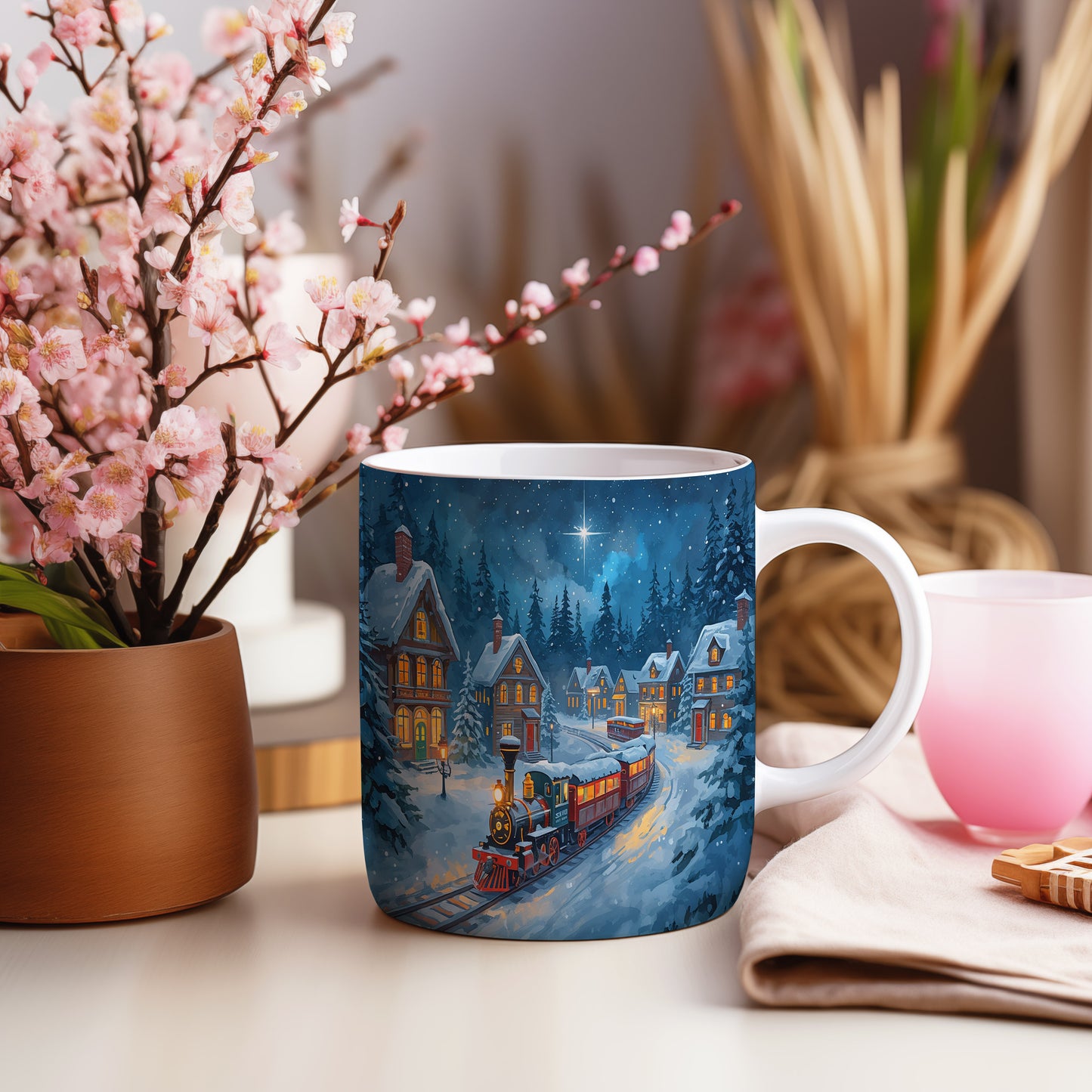 Hrnek s vánočním motivem – noční vlaková scéna – sníh, vlak, domy