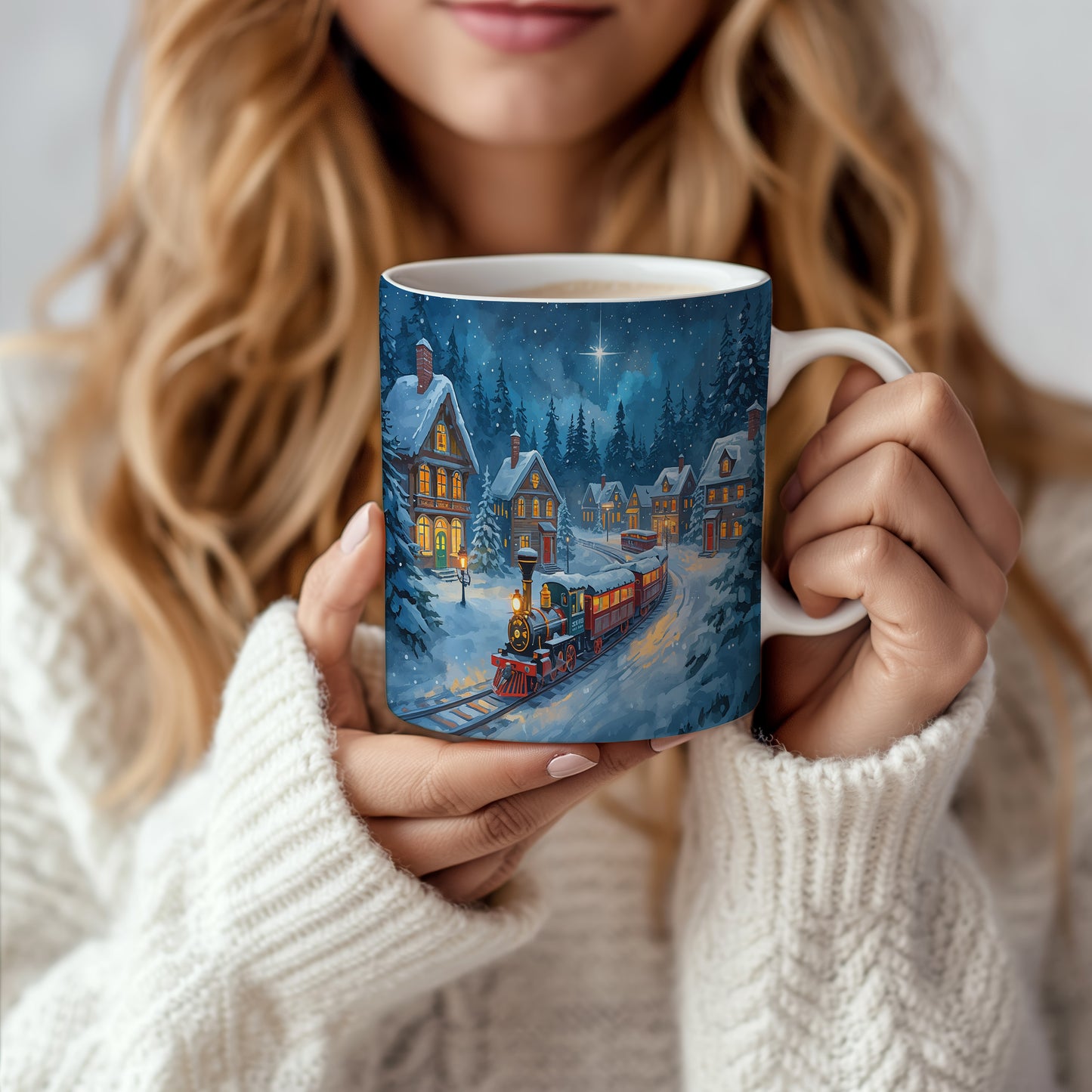 Hrnek s vánočním motivem – noční vlaková scéna – sníh, vlak, domy