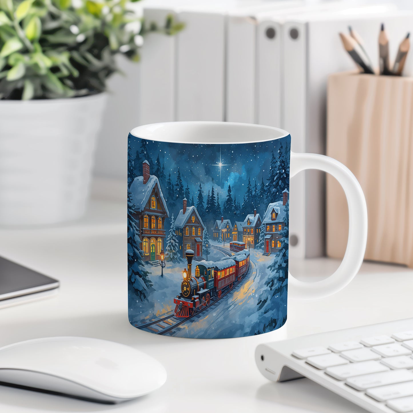 Hrnek s vánočním motivem – noční vlaková scéna – sníh, vlak, domy