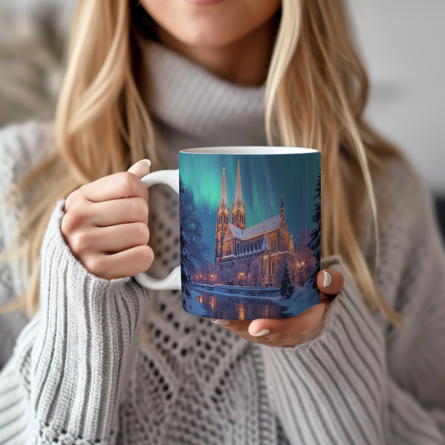 Hrnek s vánočním motivem – katedrála pod polární září – sníh, katedrála – varianta 02
