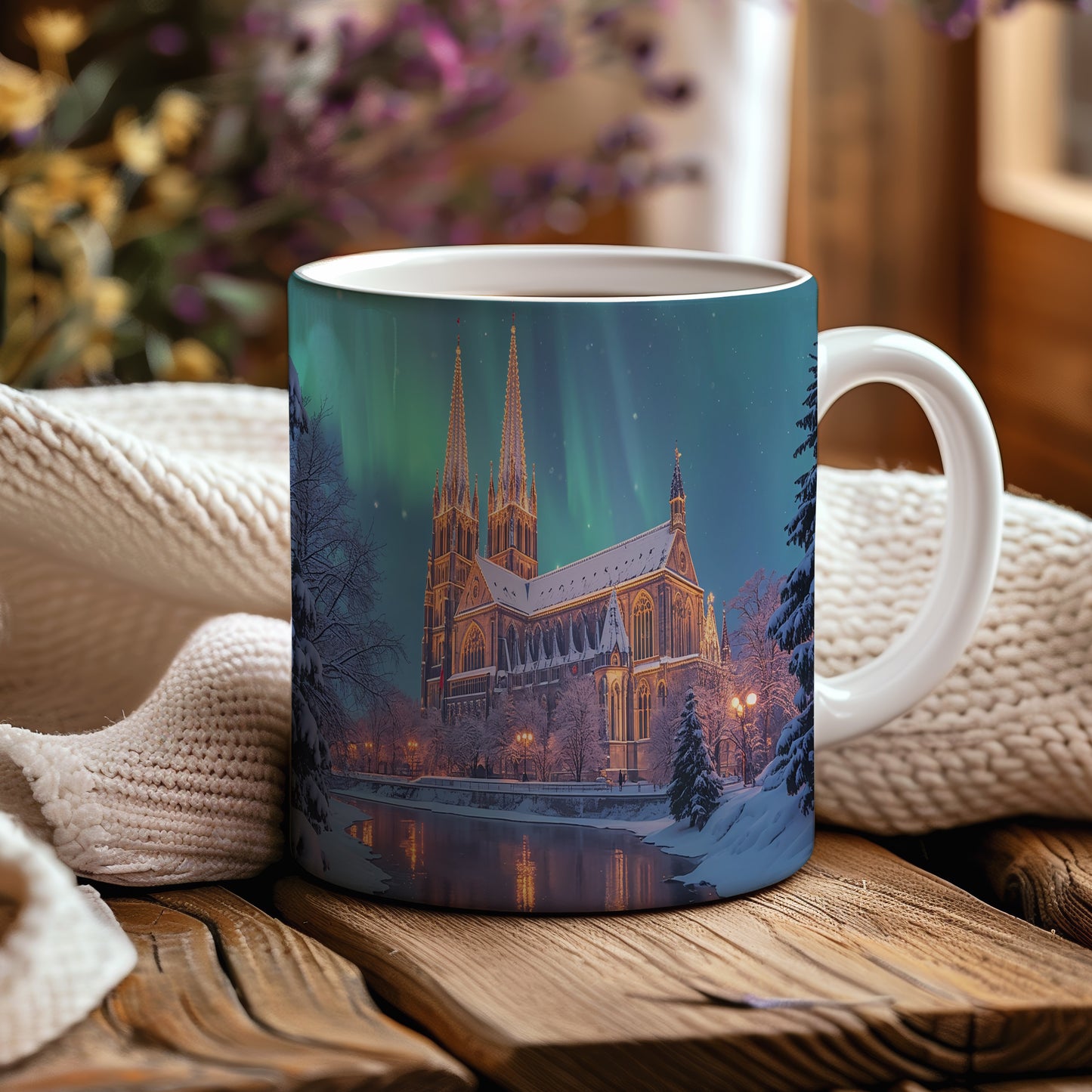 Hrnek s vánočním motivem – katedrála pod polární září – sníh, katedrála – varianta 02