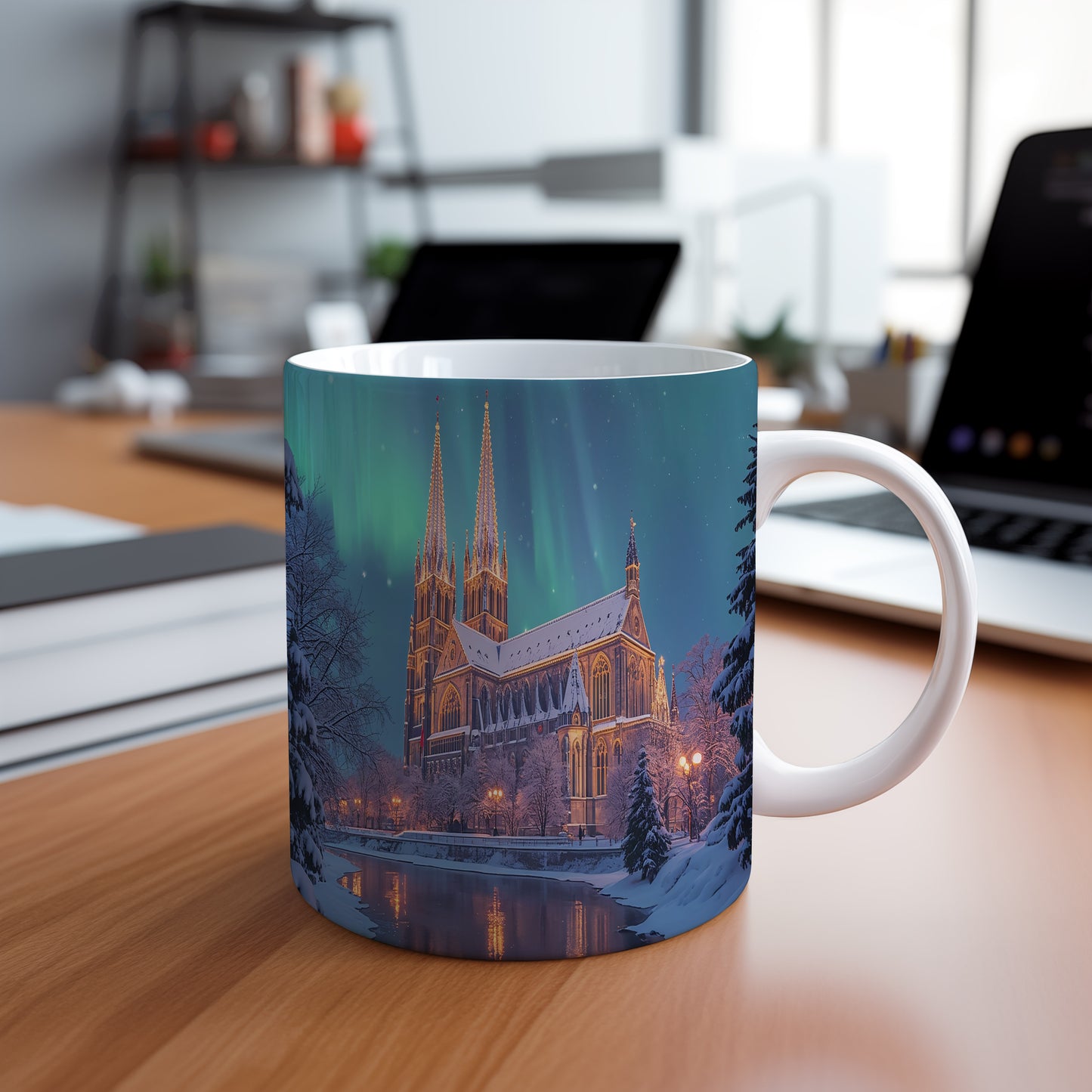Hrnek s vánočním motivem – katedrála pod polární září – sníh, katedrála – varianta 02