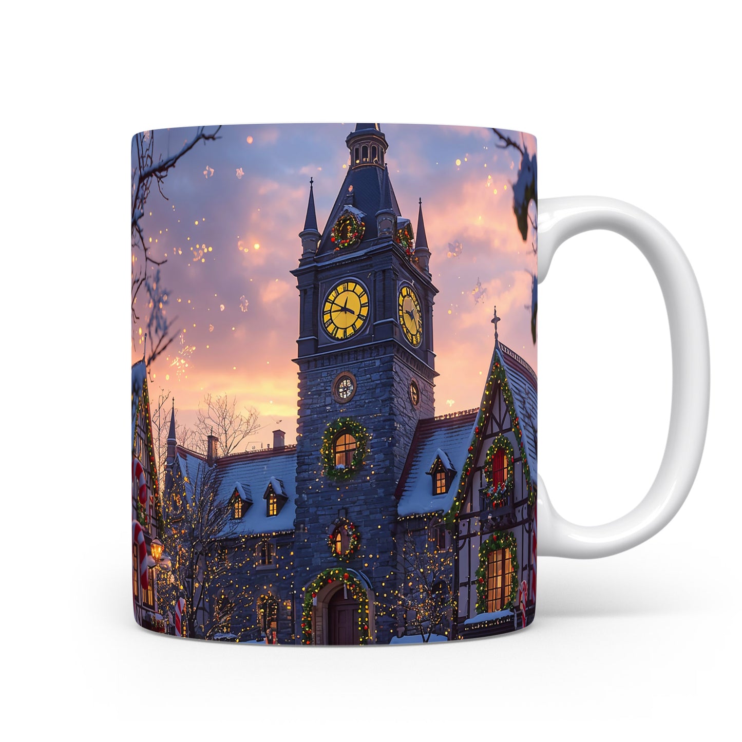 Hrnek s věží a hodinami.