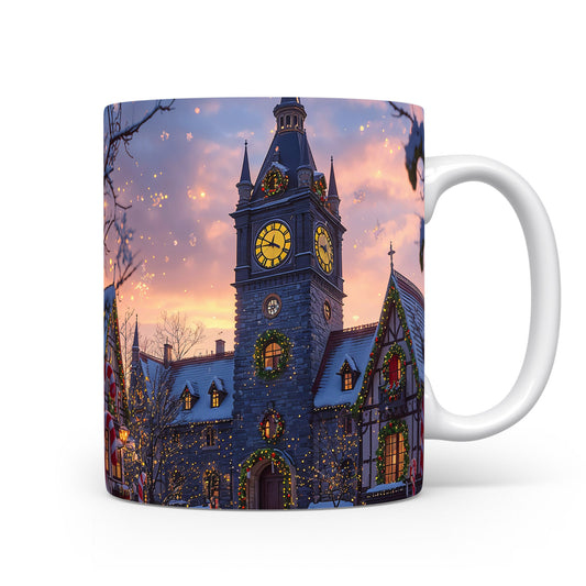 Hrnek s věží a hodinami.