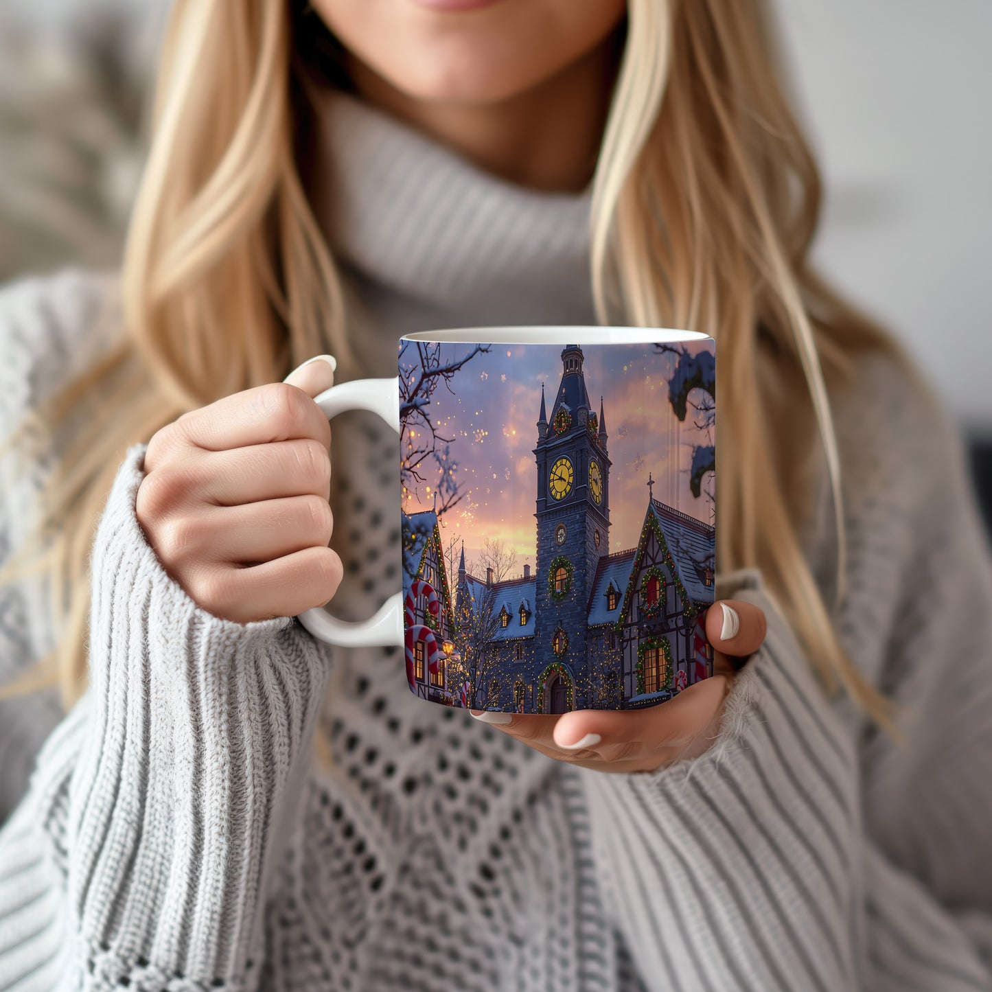 Hrnek s vánočním motivem – věž s hodinami – sníh, věž, světýlka