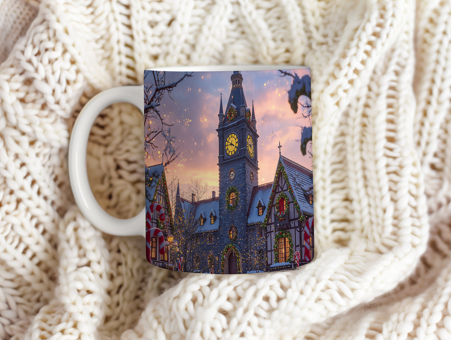 Hrnek s vánočním motivem – věž s hodinami – sníh, věž, světýlka