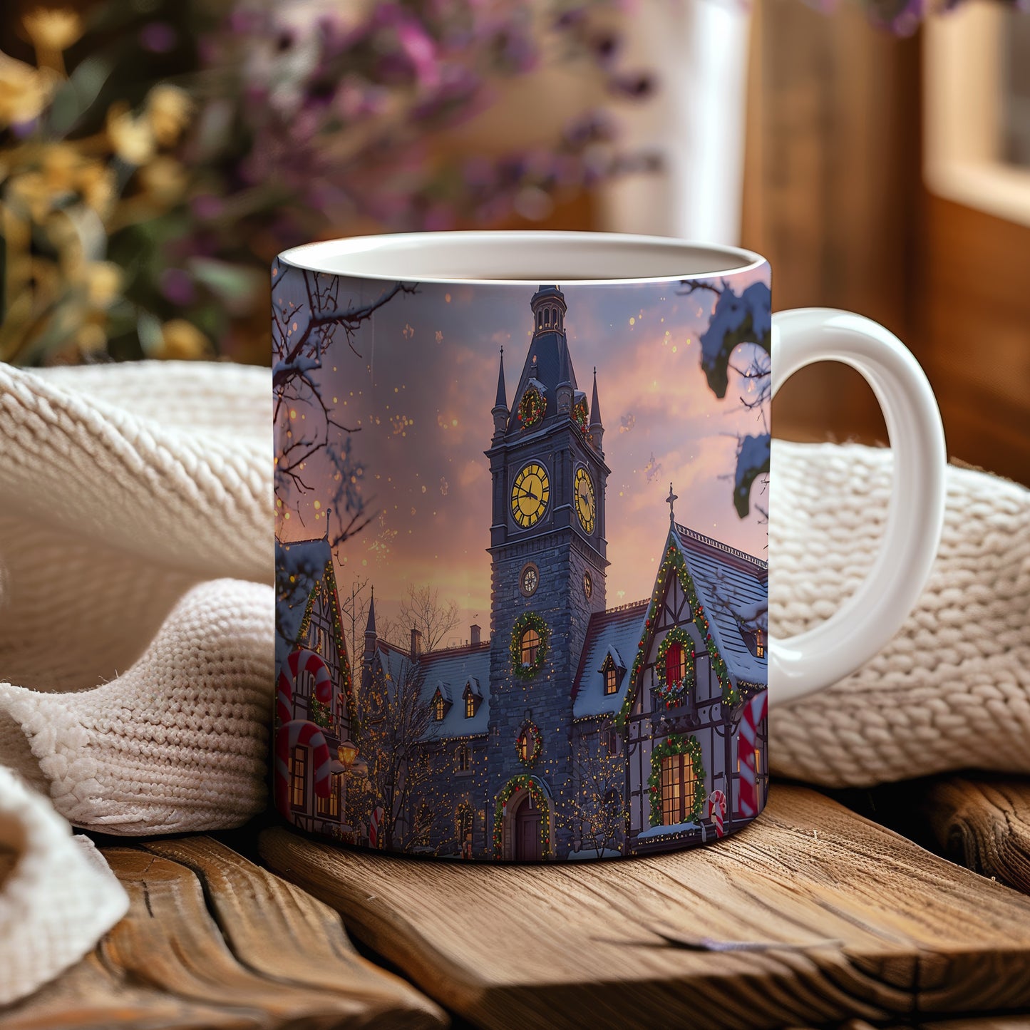 Hrnek s vánočním motivem – věž s hodinami – sníh, věž, světýlka