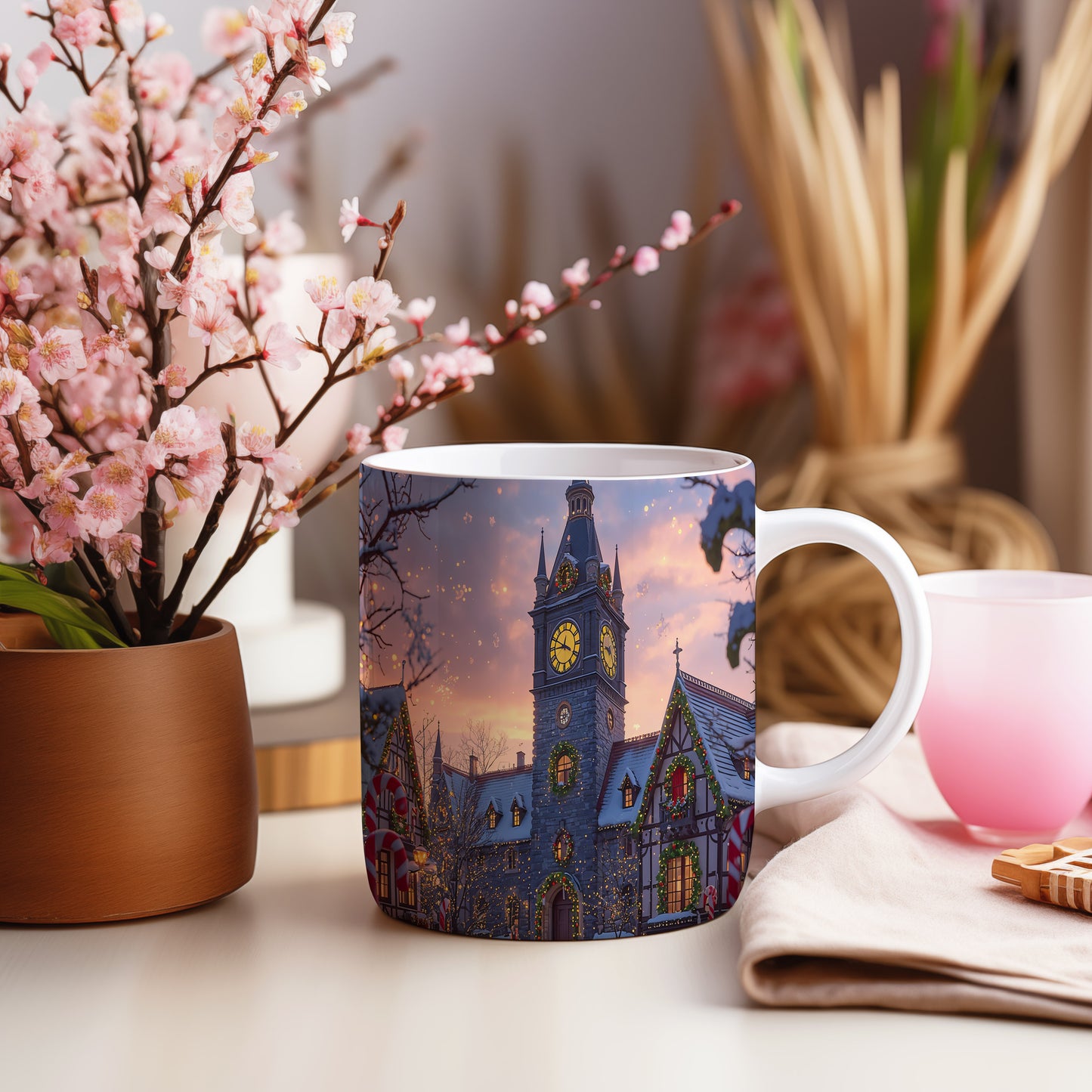 Hrnek s vánočním motivem – věž s hodinami – sníh, věž, světýlka