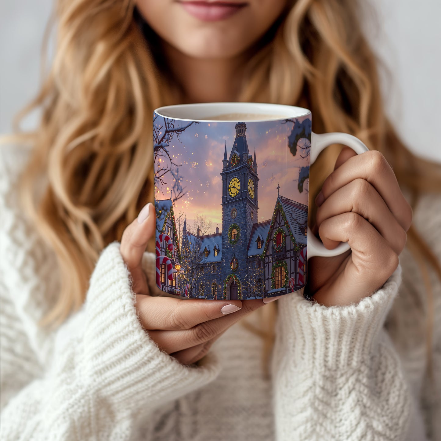 Hrnek s vánočním motivem – věž s hodinami – sníh, věž, světýlka