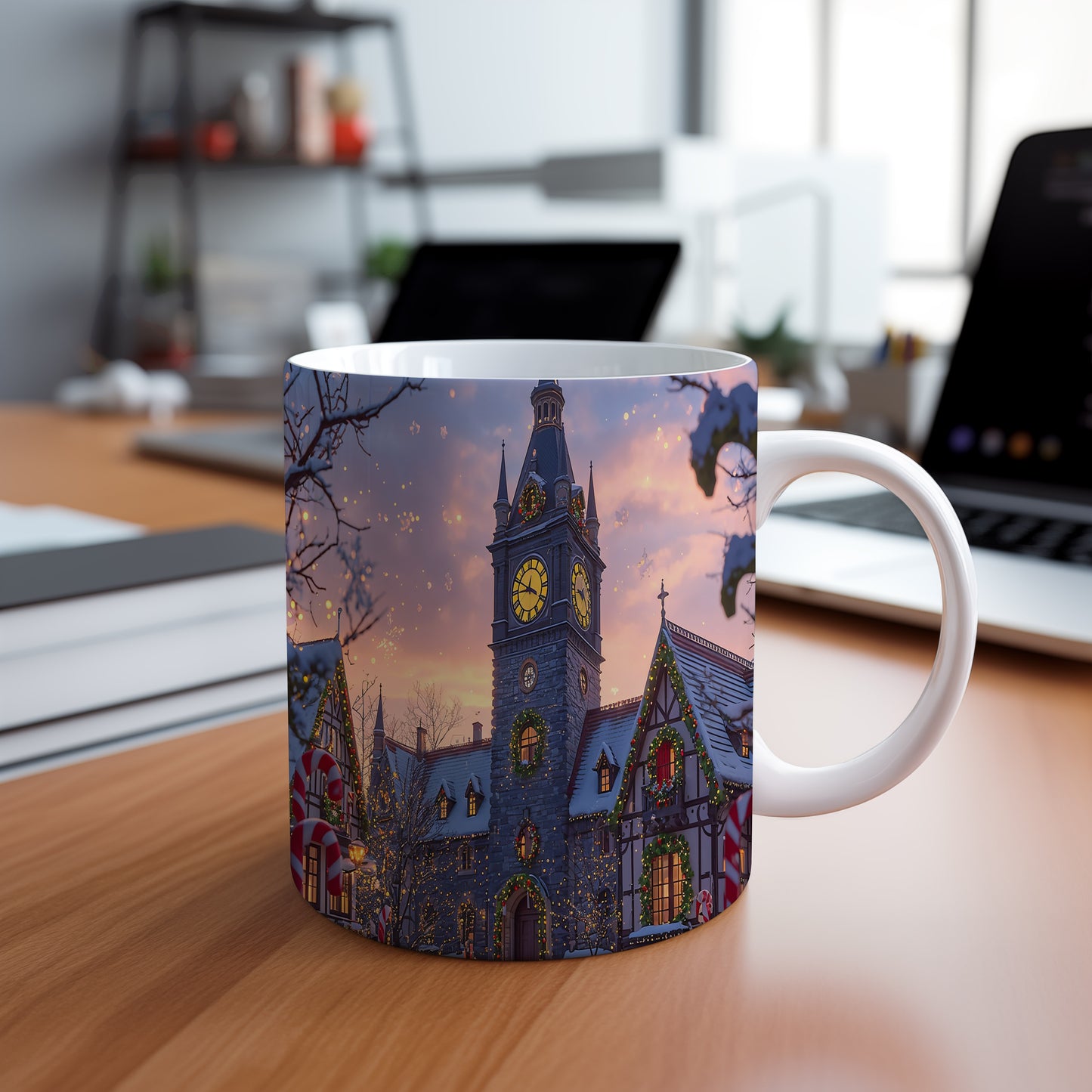 Hrnek s vánočním motivem – věž s hodinami – sníh, věž, světýlka