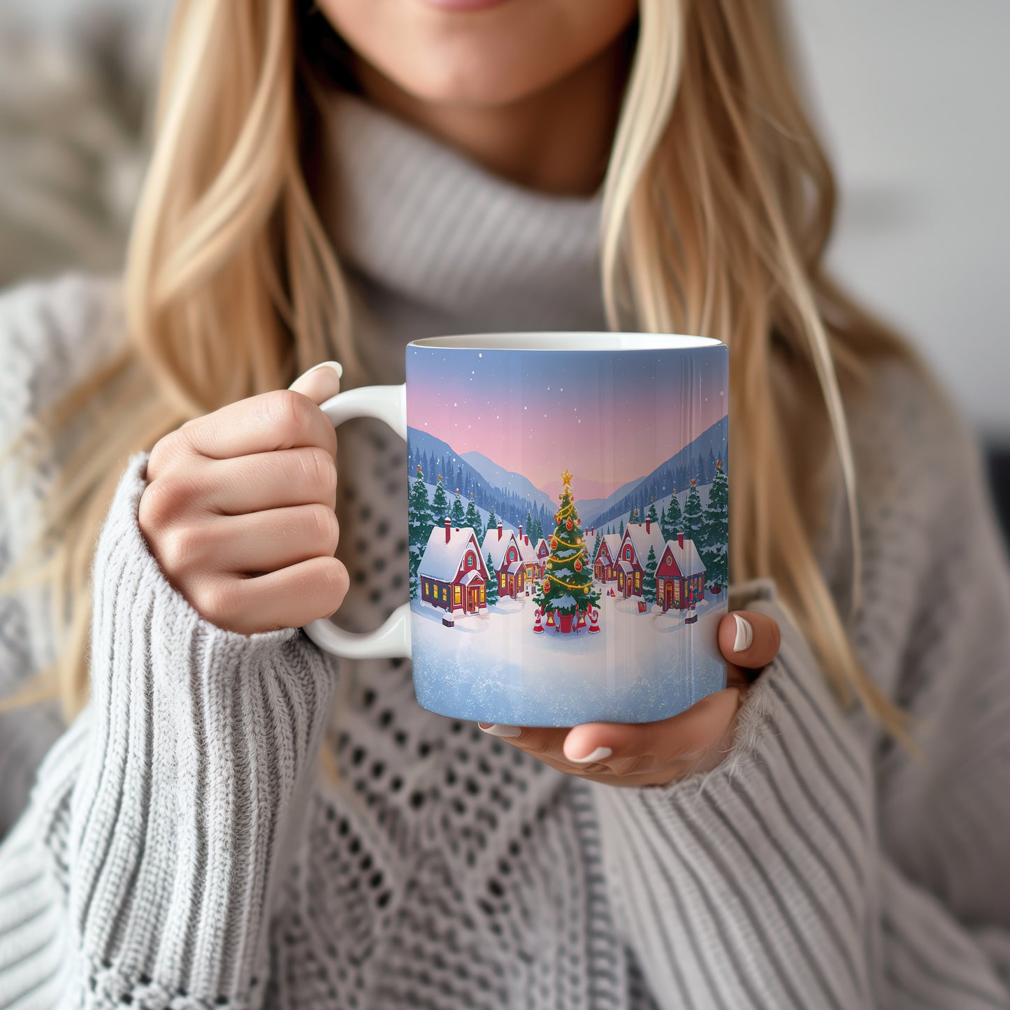 Hrnek s vánočním motivem – vesnička pod horami