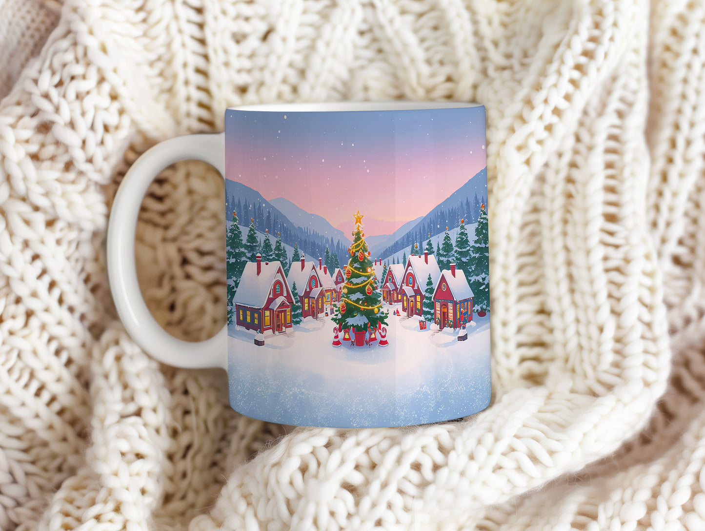 Hrnek s vánočním motivem – vesnička pod horami