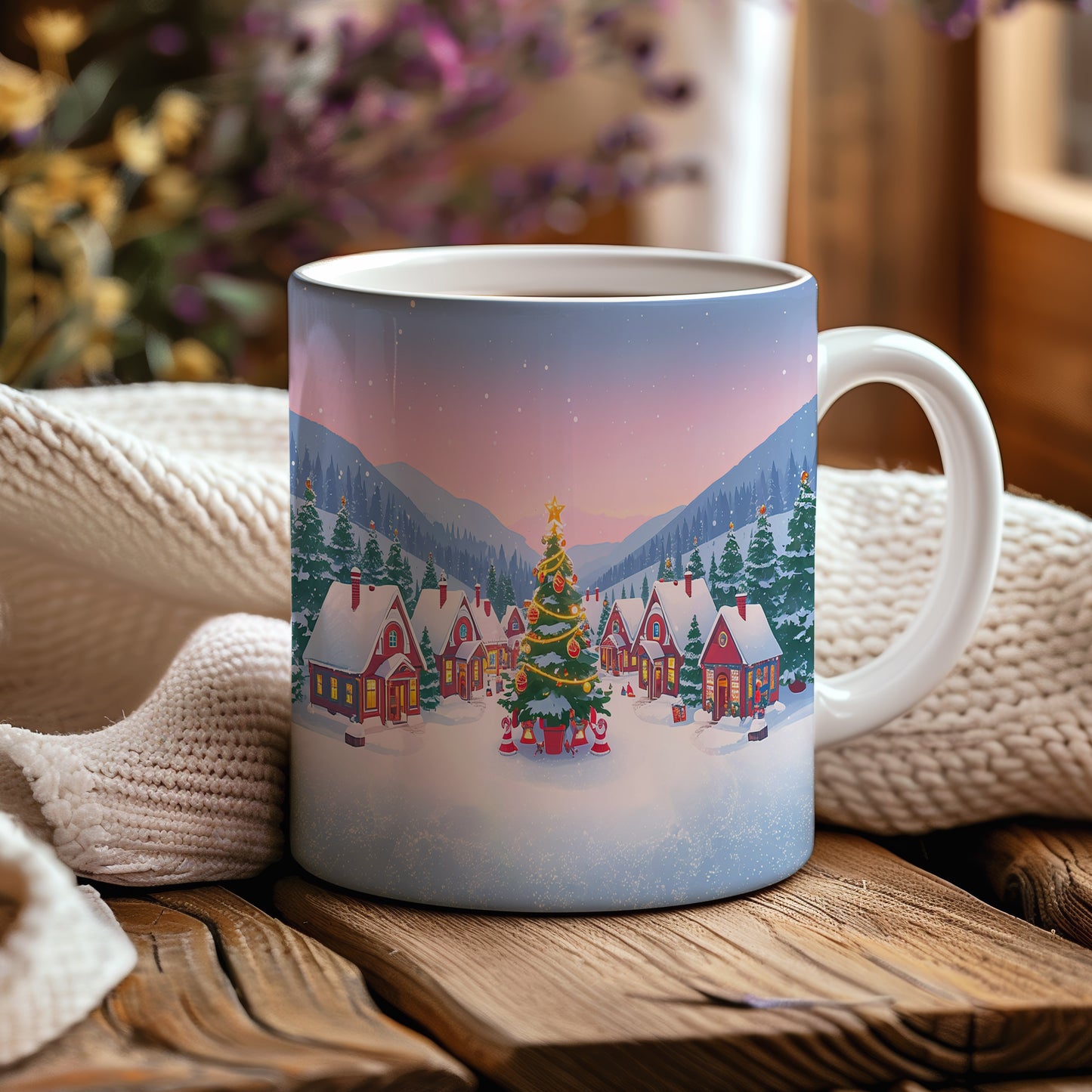 Hrnek s vánočním motivem – vesnička pod horami