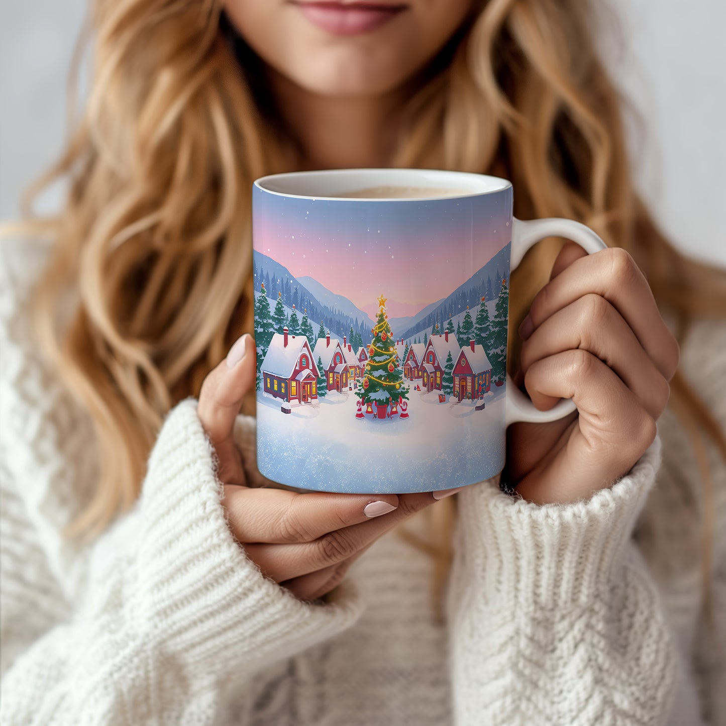 Hrnek s vánočním motivem – vesnička pod horami