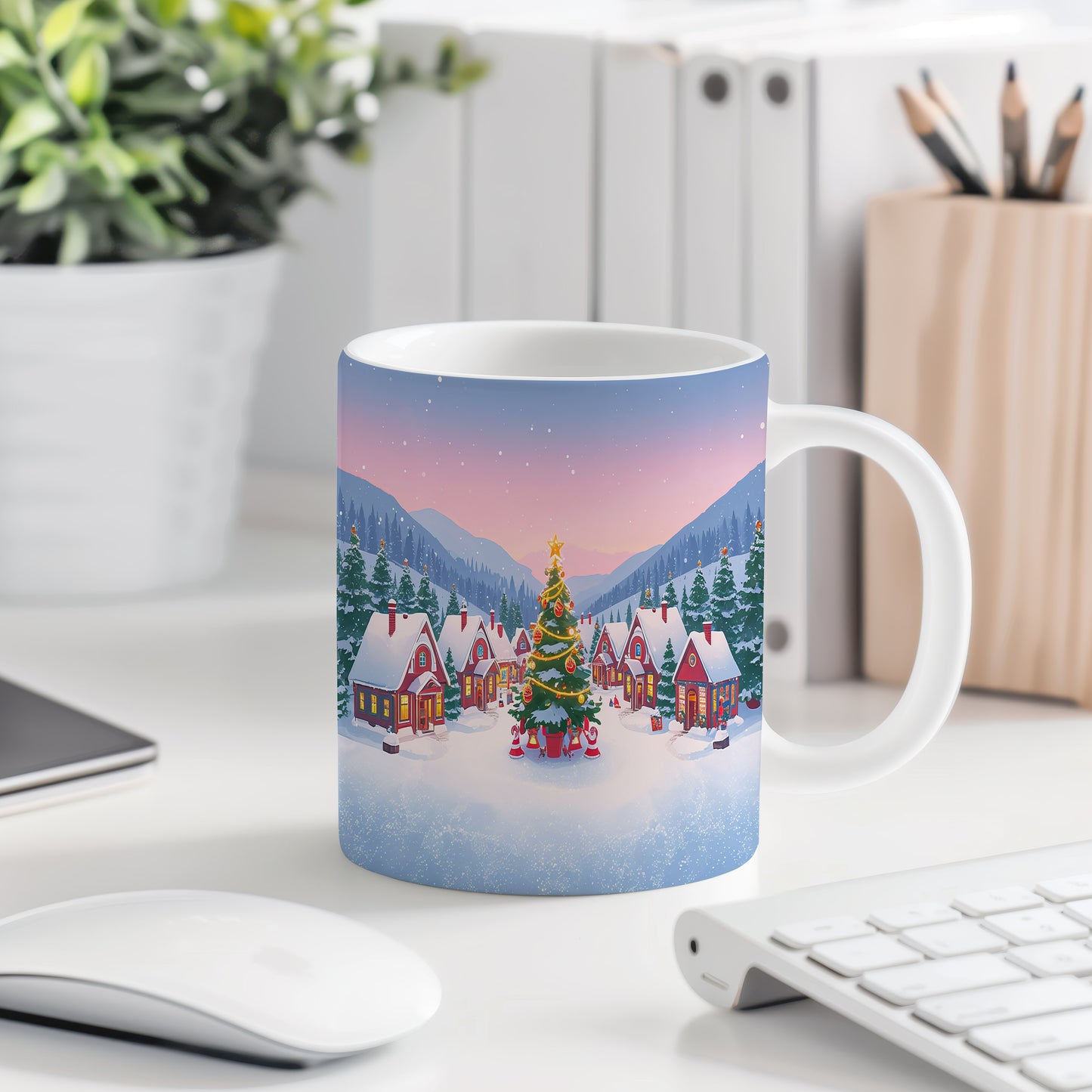 Hrnek s vánočním motivem – vesnička pod horami