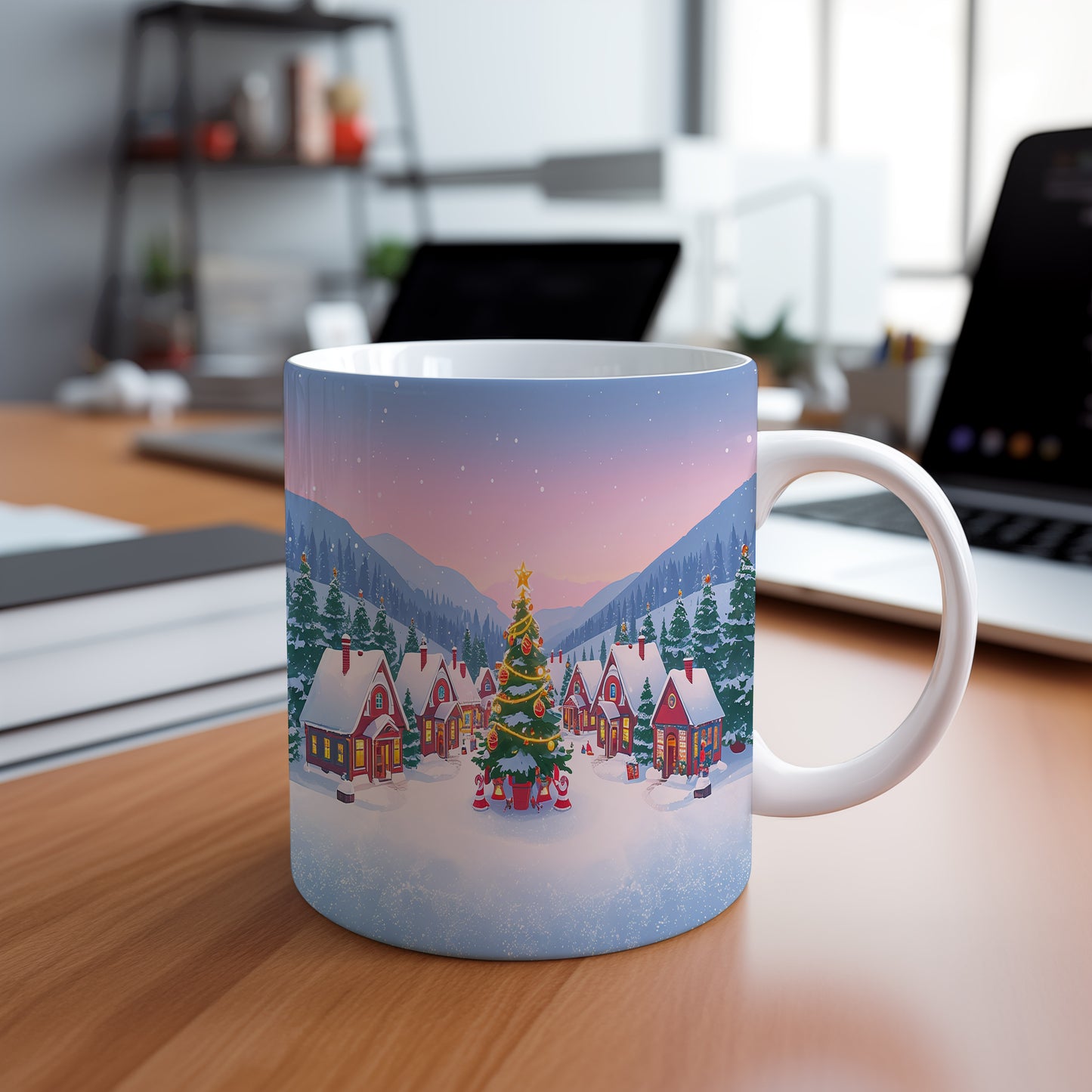 Hrnek s vánočním motivem – vesnička pod horami