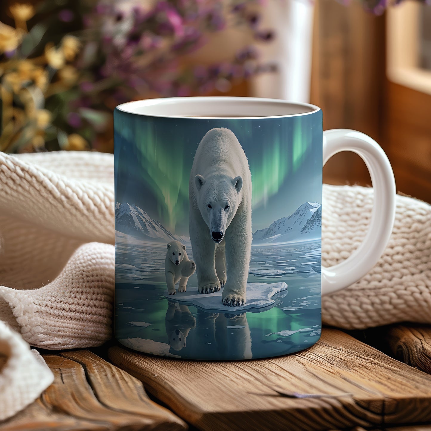 Hrnek s vánočním motivem – polární záře s ledními medvědy