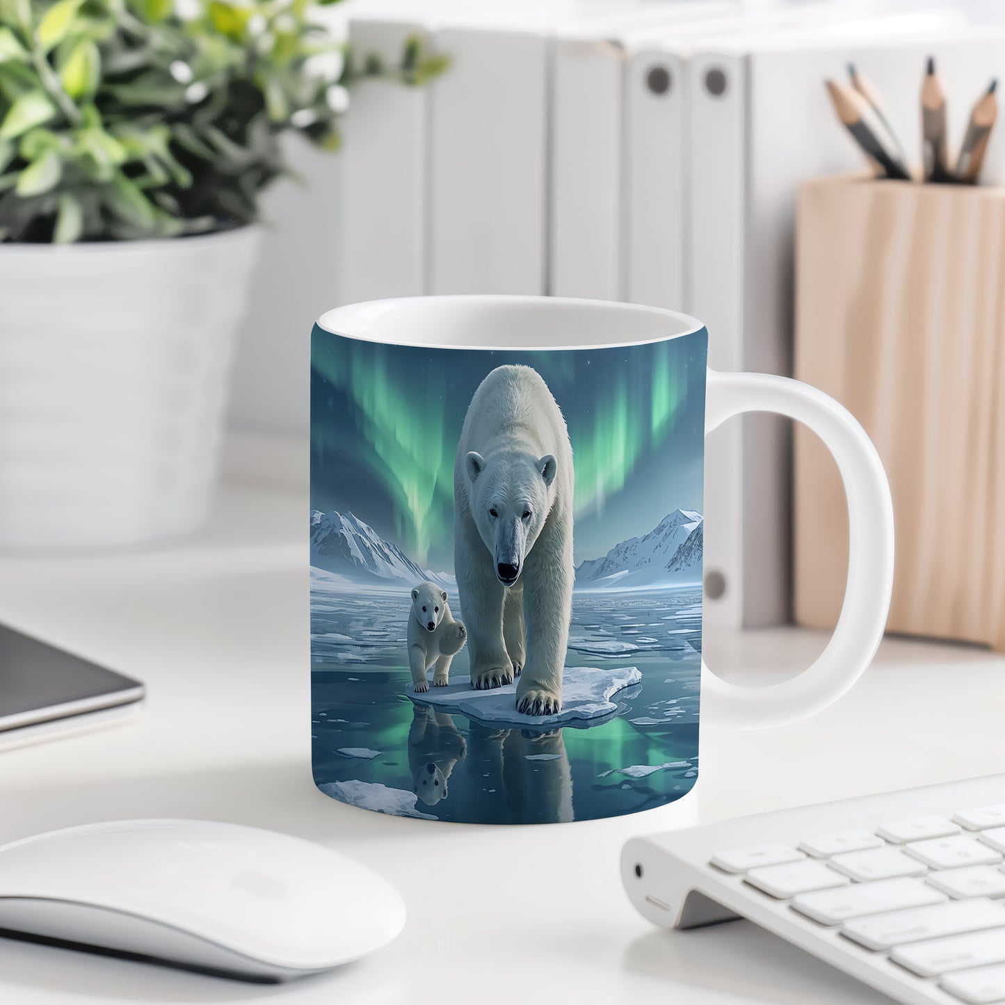 Hrnek s vánočním motivem – polární záře s ledními medvědy