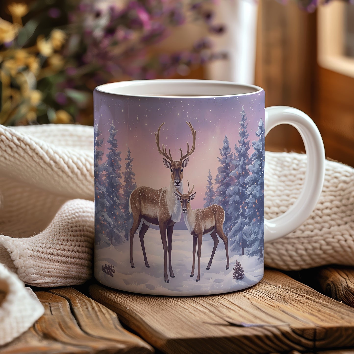 Hrnek s vánočním motivem – sobi v zasněženém lese – sníh, jeleni