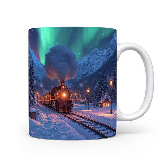 Hrnek s vlakem a polární září.