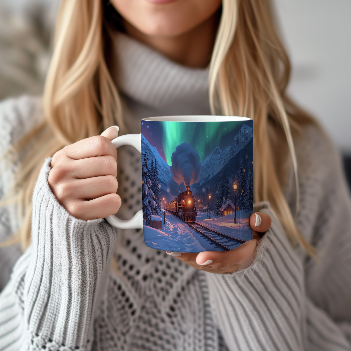 Hrnek s vánočním motivem – vlak pod polární září – sníh, lokomotiva, polární záře