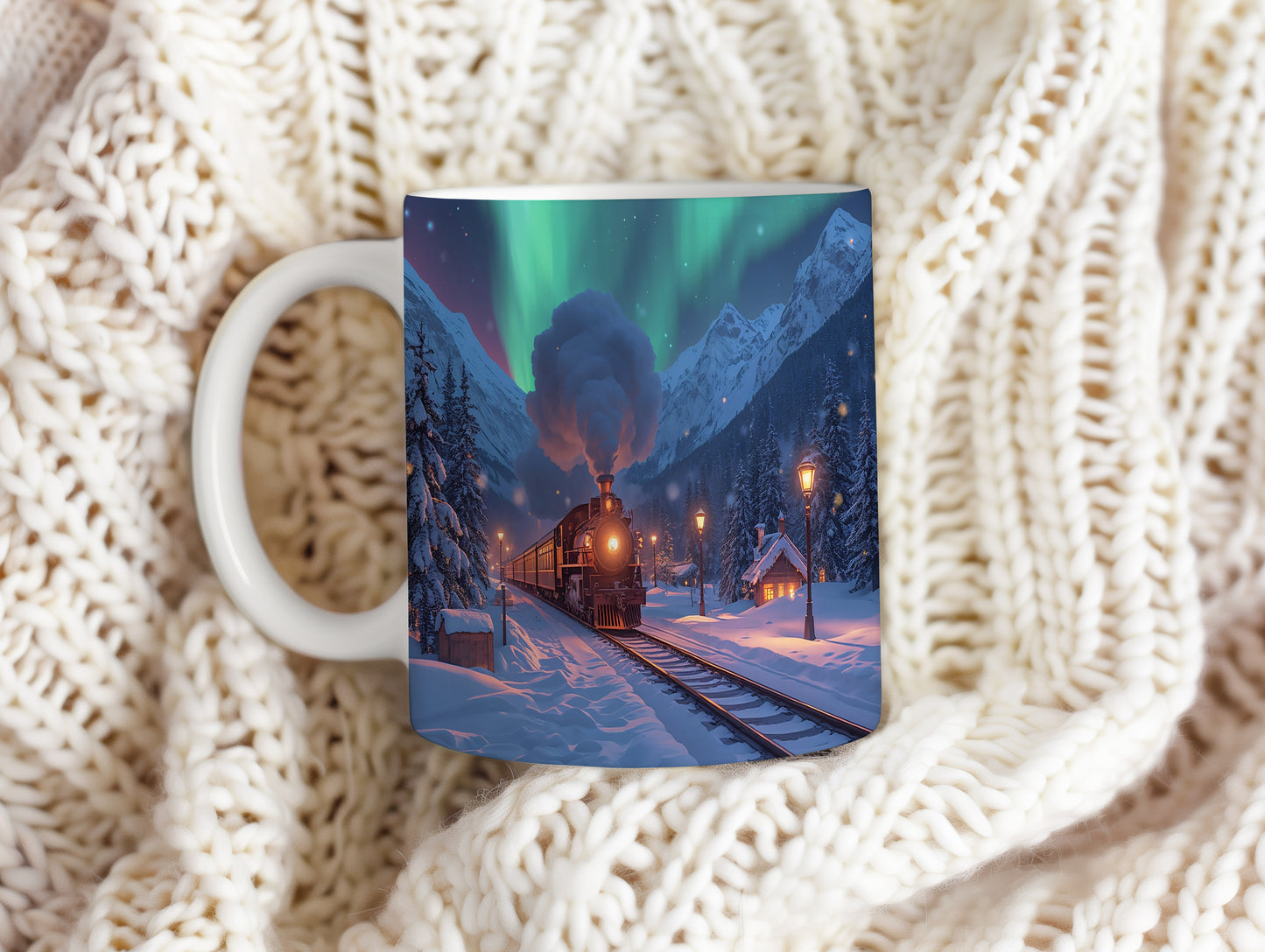 Hrnek s vánočním motivem – vlak pod polární září – sníh, lokomotiva, polární záře
