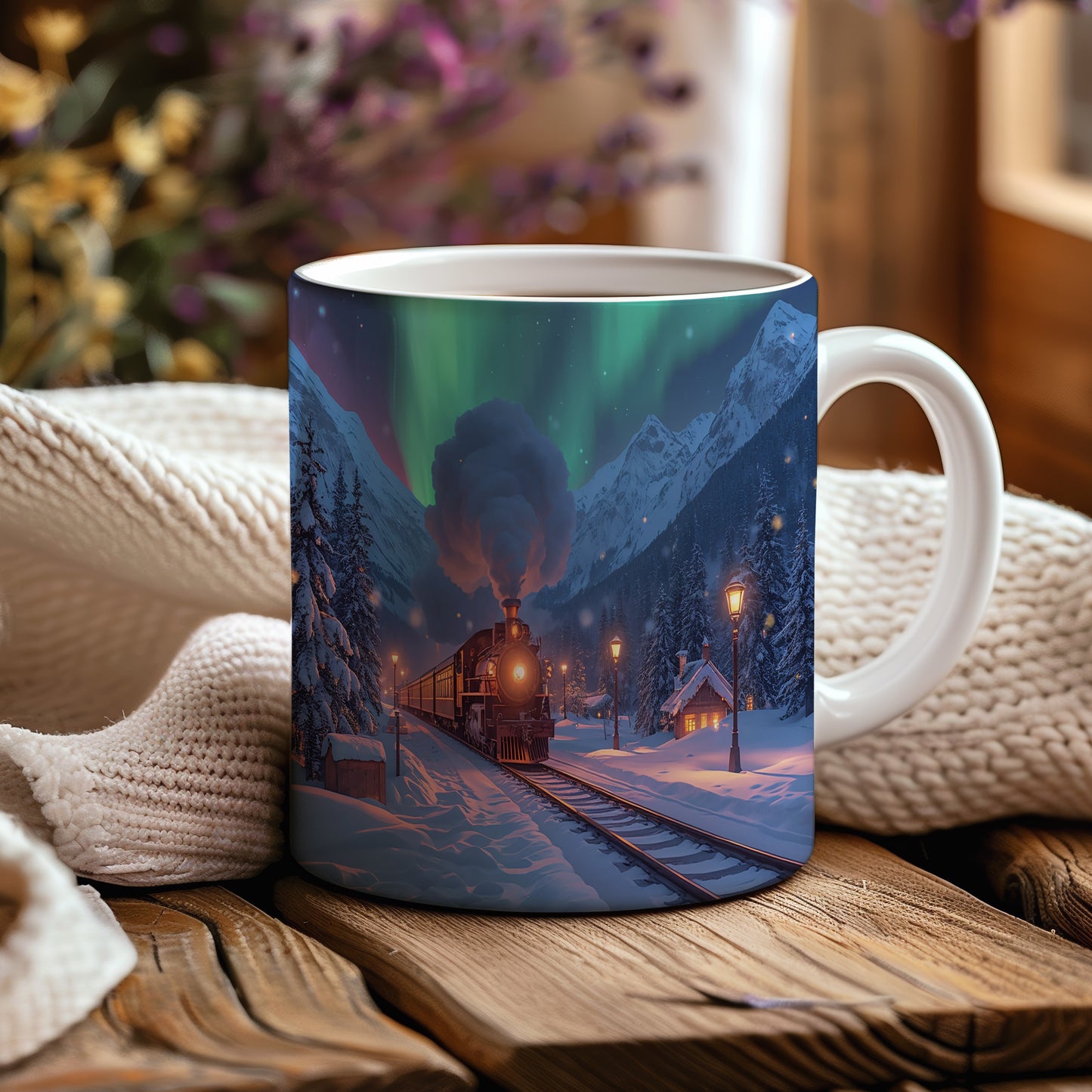 Hrnek s vánočním motivem – vlak pod polární září – sníh, lokomotiva, polární záře