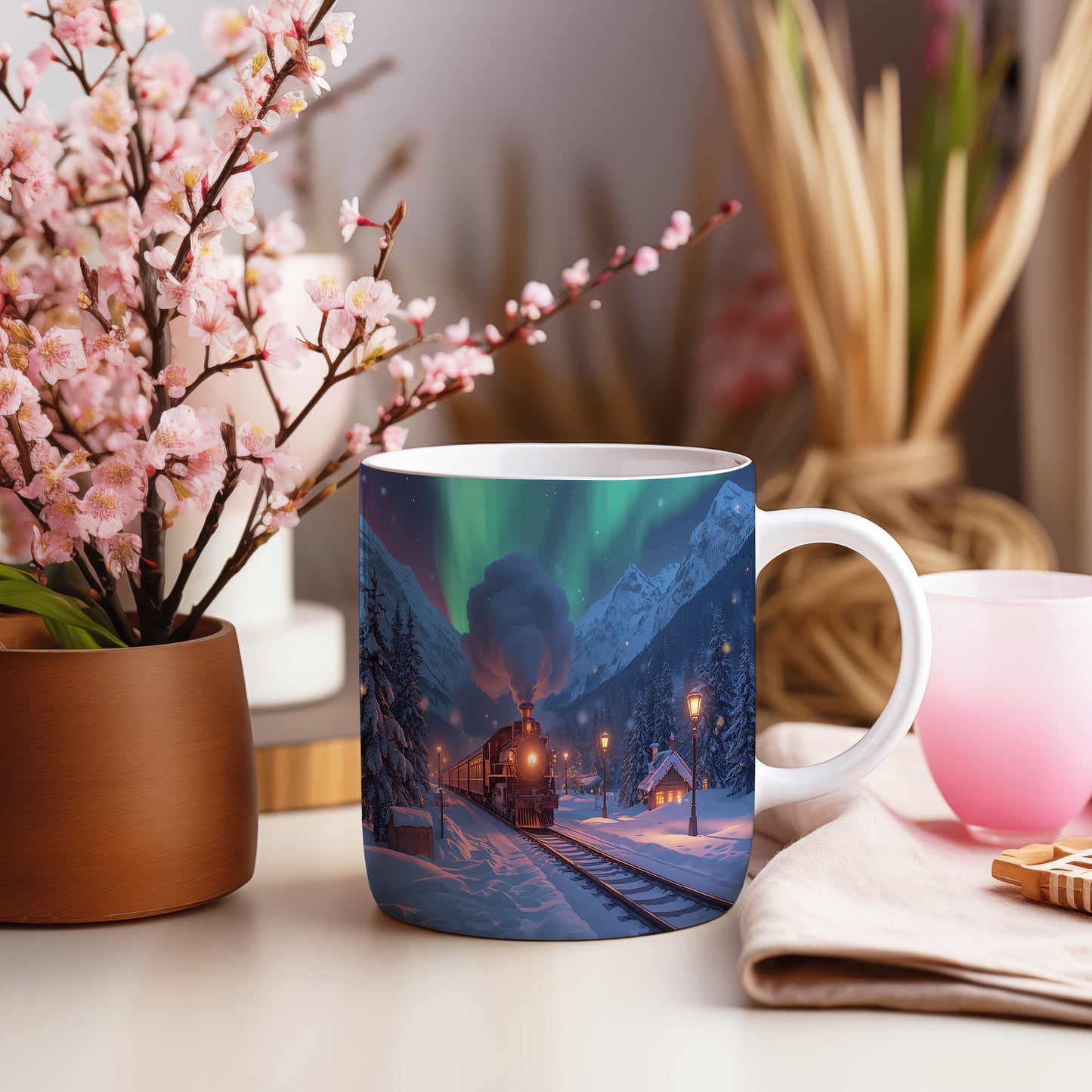 Hrnek s vánočním motivem – vlak pod polární září – sníh, lokomotiva, polární záře