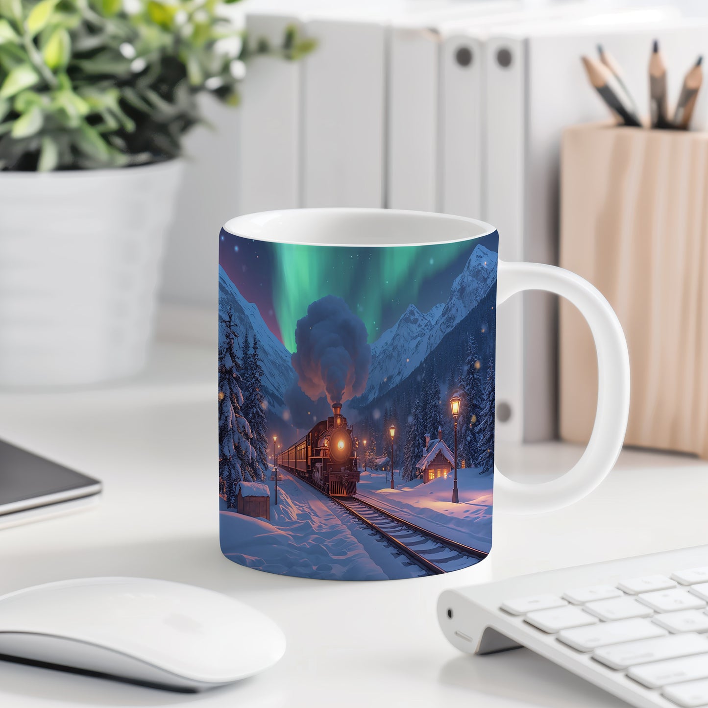 Hrnek s vánočním motivem – vlak pod polární září – sníh, lokomotiva, polární záře