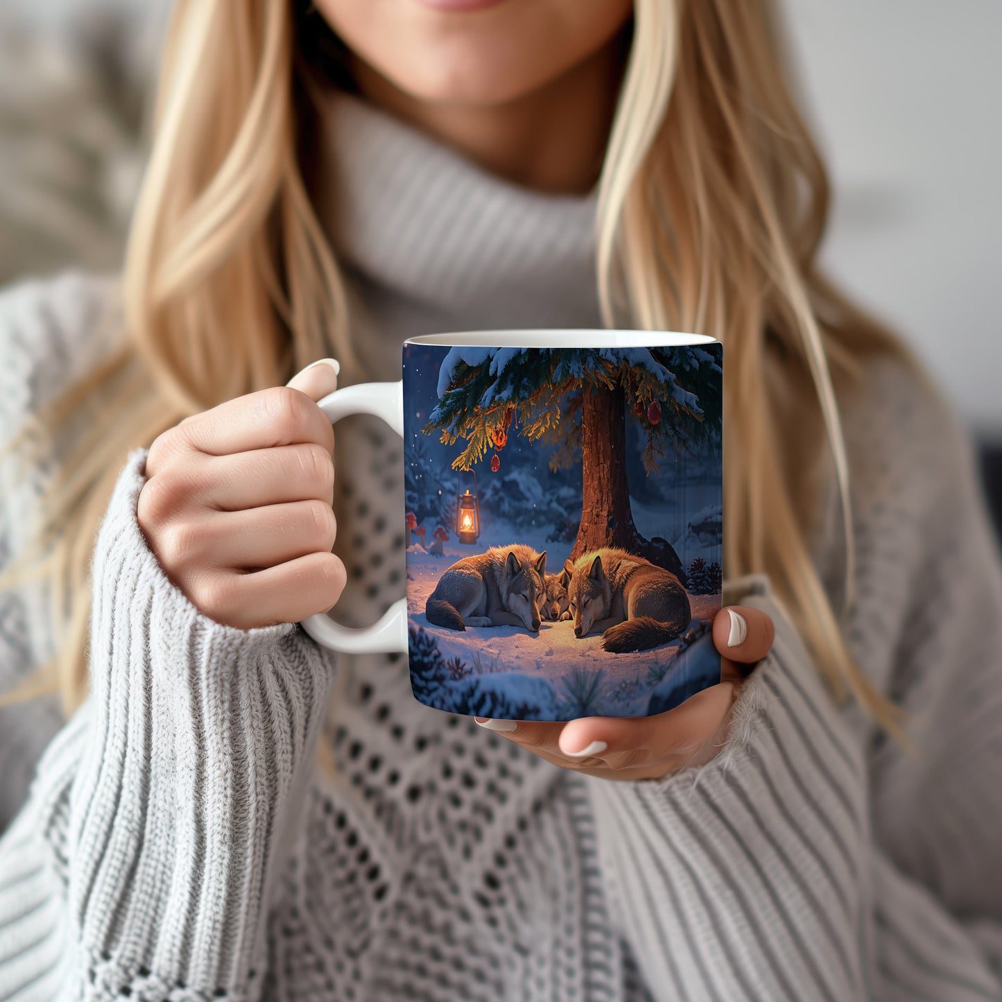 Hrnek s vánočním motivem – vlci pod stromem