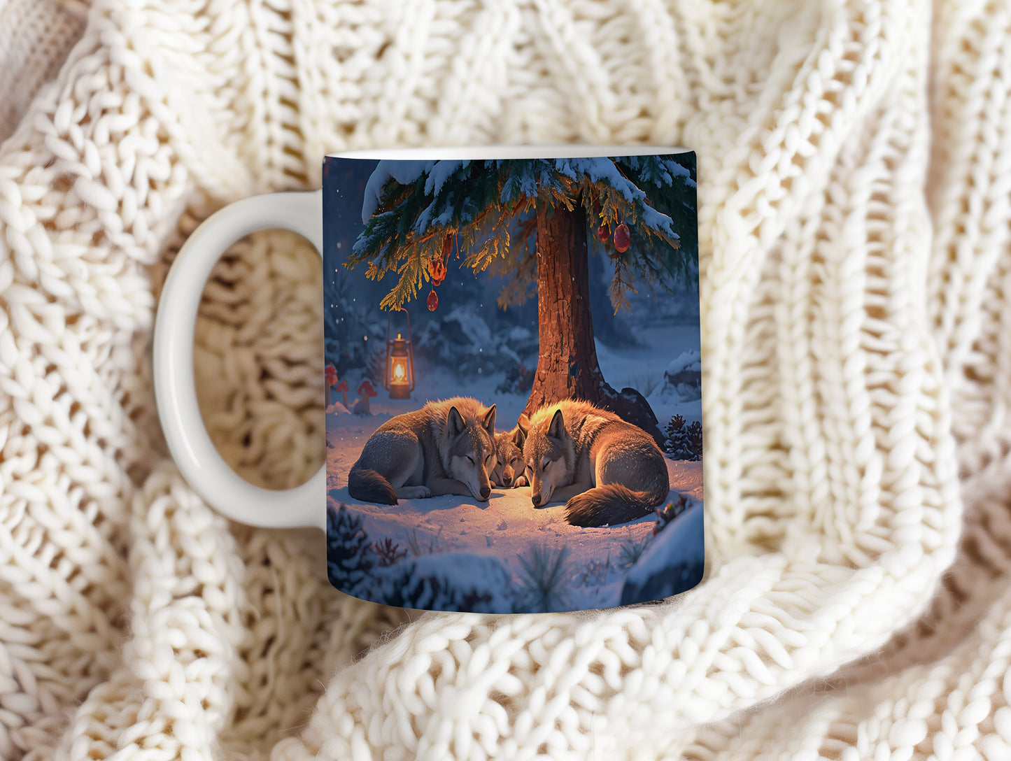 Hrnek s vánočním motivem – vlci pod stromem