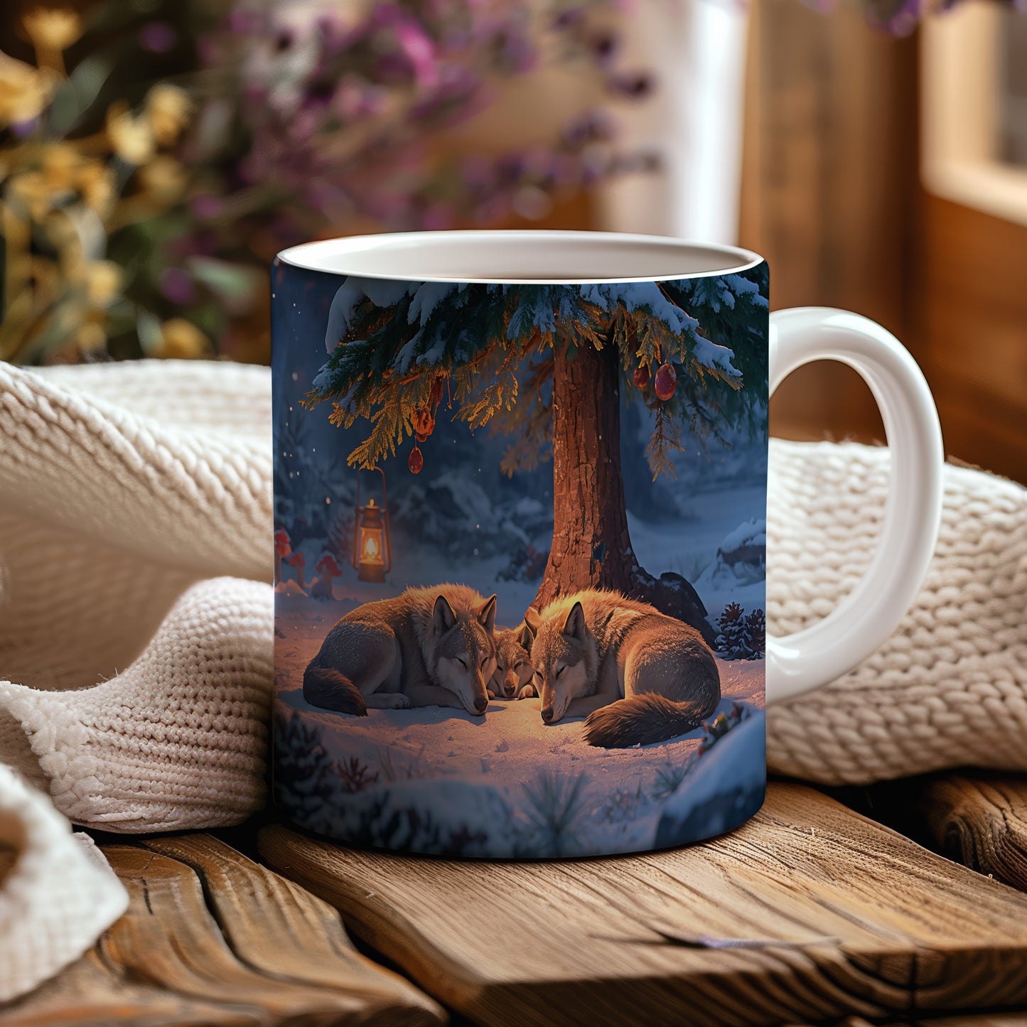 Hrnek s vánočním motivem – vlci pod stromem