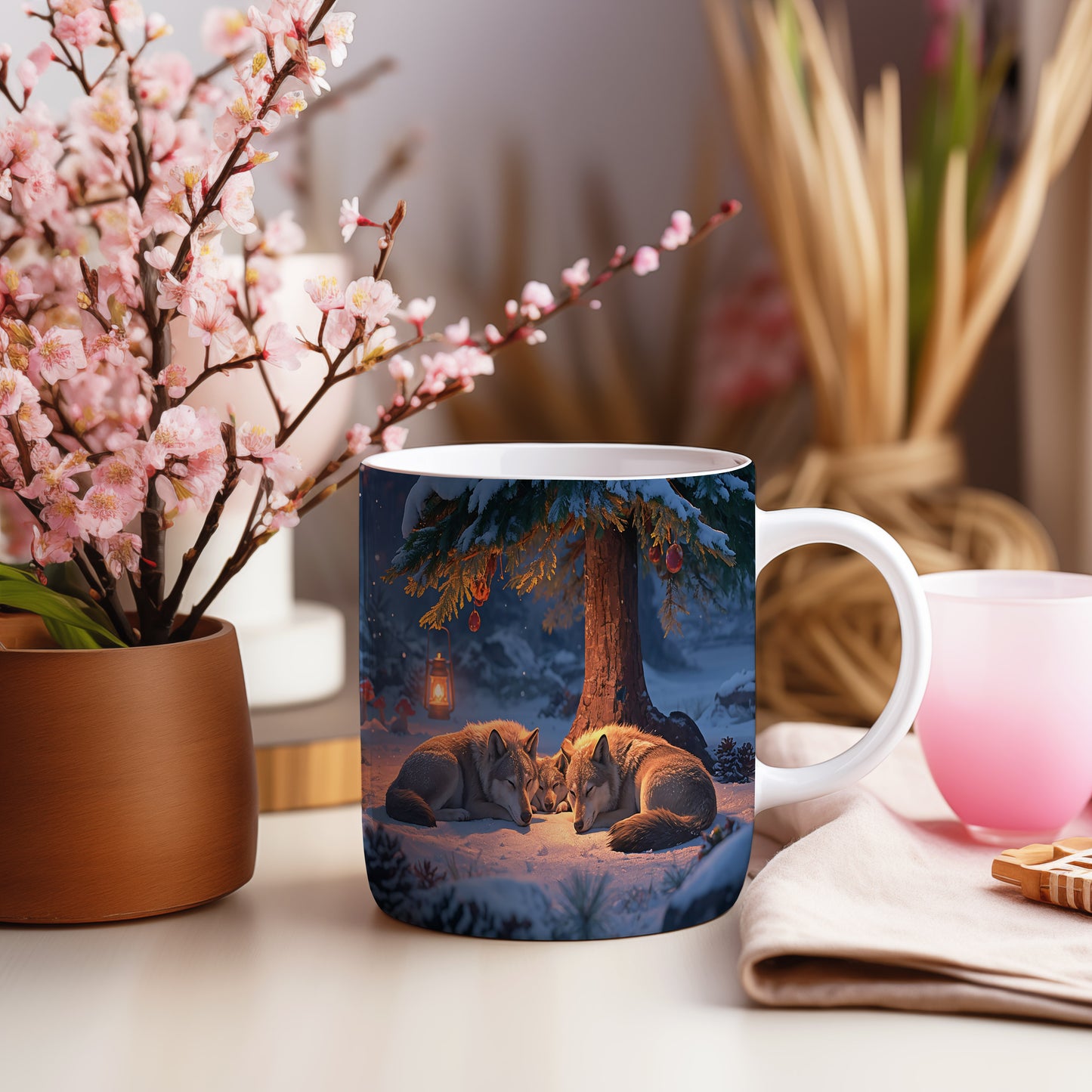 Hrnek s vánočním motivem – vlci pod stromem