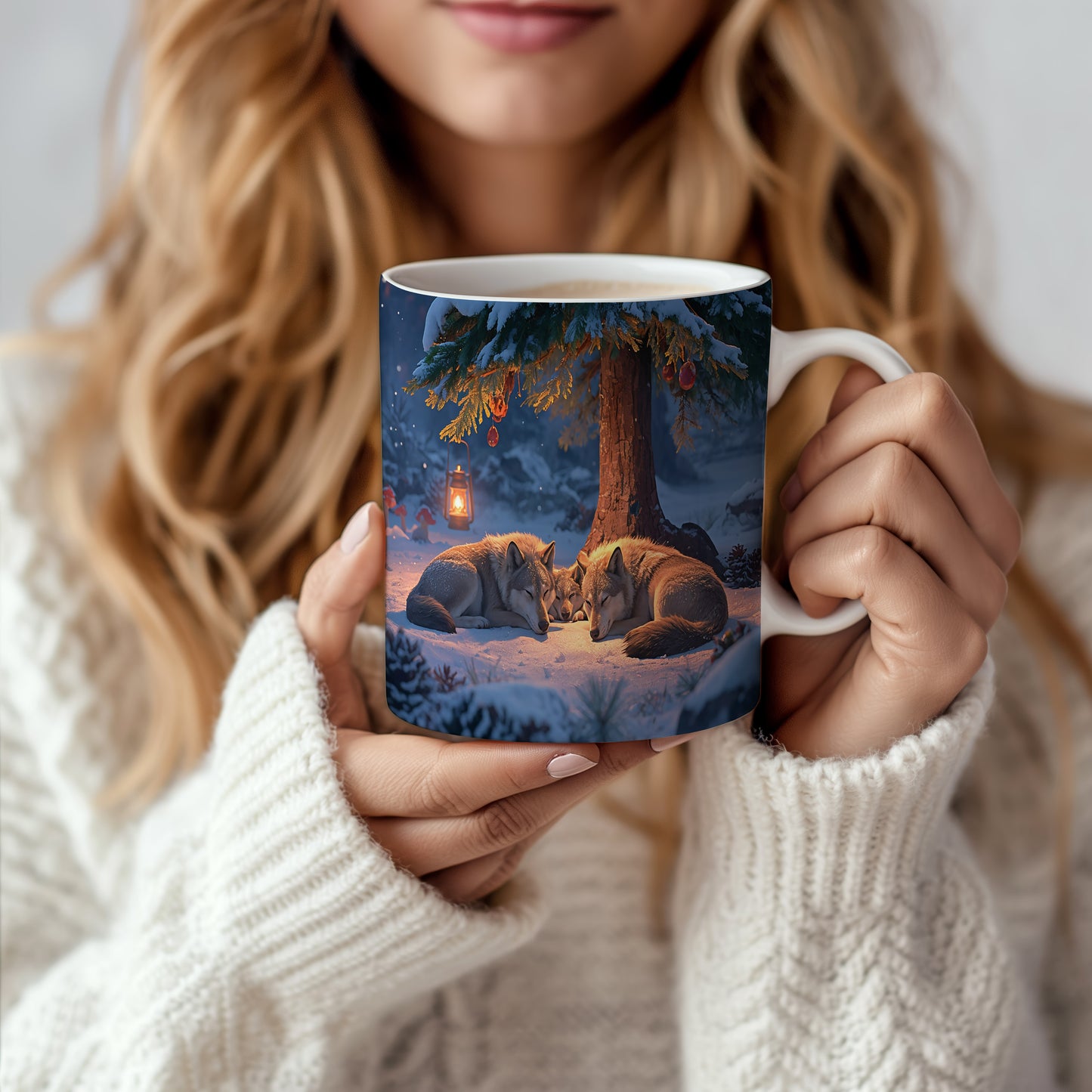 Hrnek s vánočním motivem – vlci pod stromem