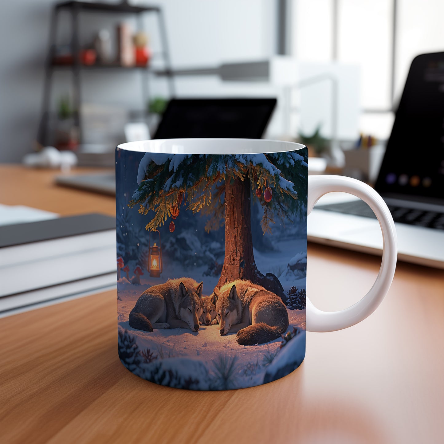 Hrnek s vánočním motivem – vlci pod stromem