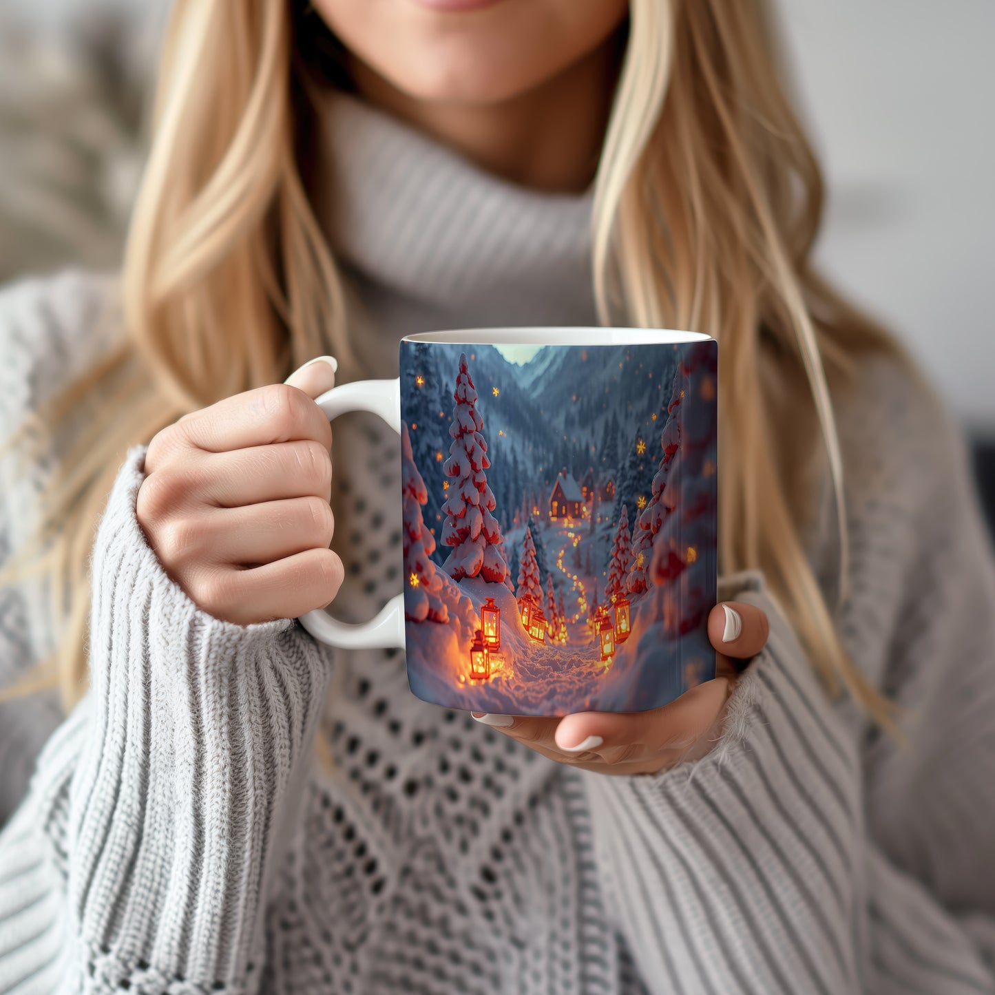 Hrnek s vánočním motivem – cesta s lucernami – sníh, chaloupka, lucerničky