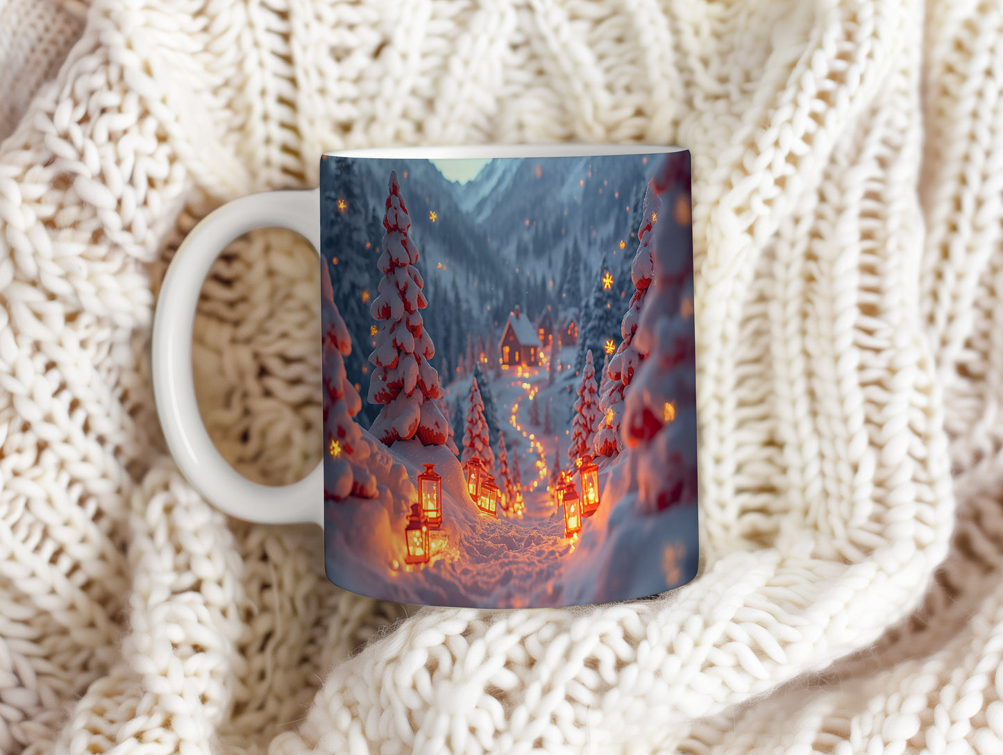 Hrnek s vánočním motivem – cesta s lucernami – sníh, chaloupka, lucerničky