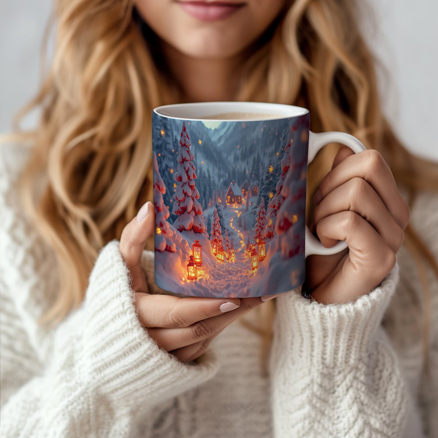 Hrnek s vánočním motivem – cesta s lucernami – sníh, chaloupka, lucerničky