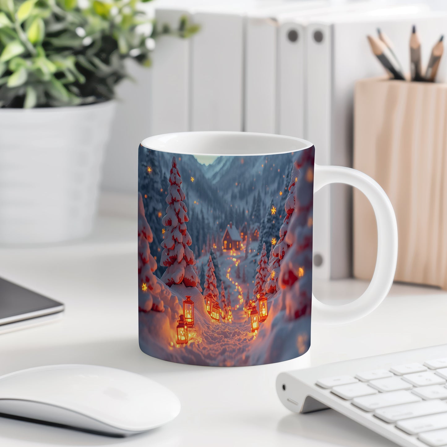 Hrnek s vánočním motivem – cesta s lucernami – sníh, chaloupka, lucerničky