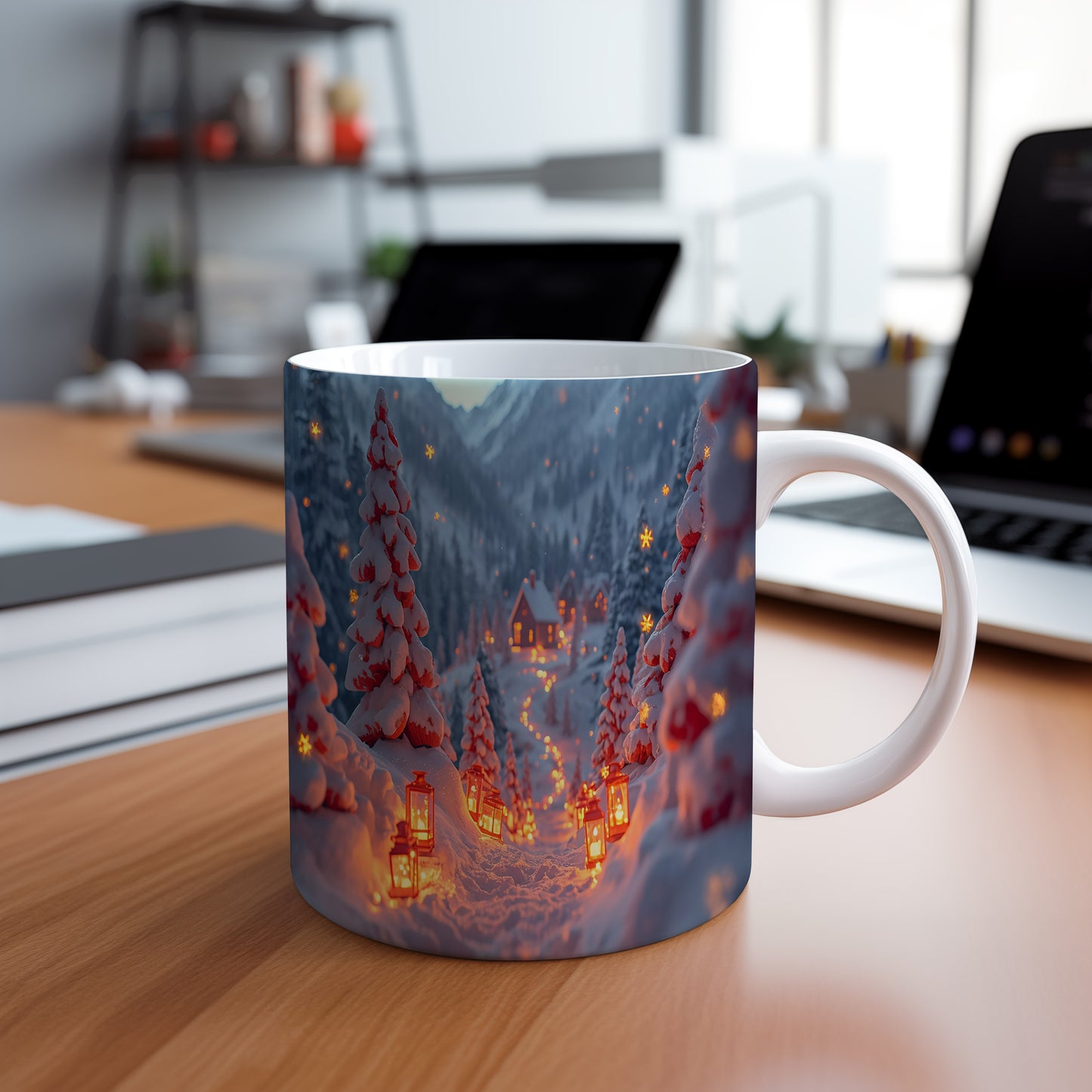 Hrnek s vánočním motivem – cesta s lucernami – sníh, chaloupka, lucerničky