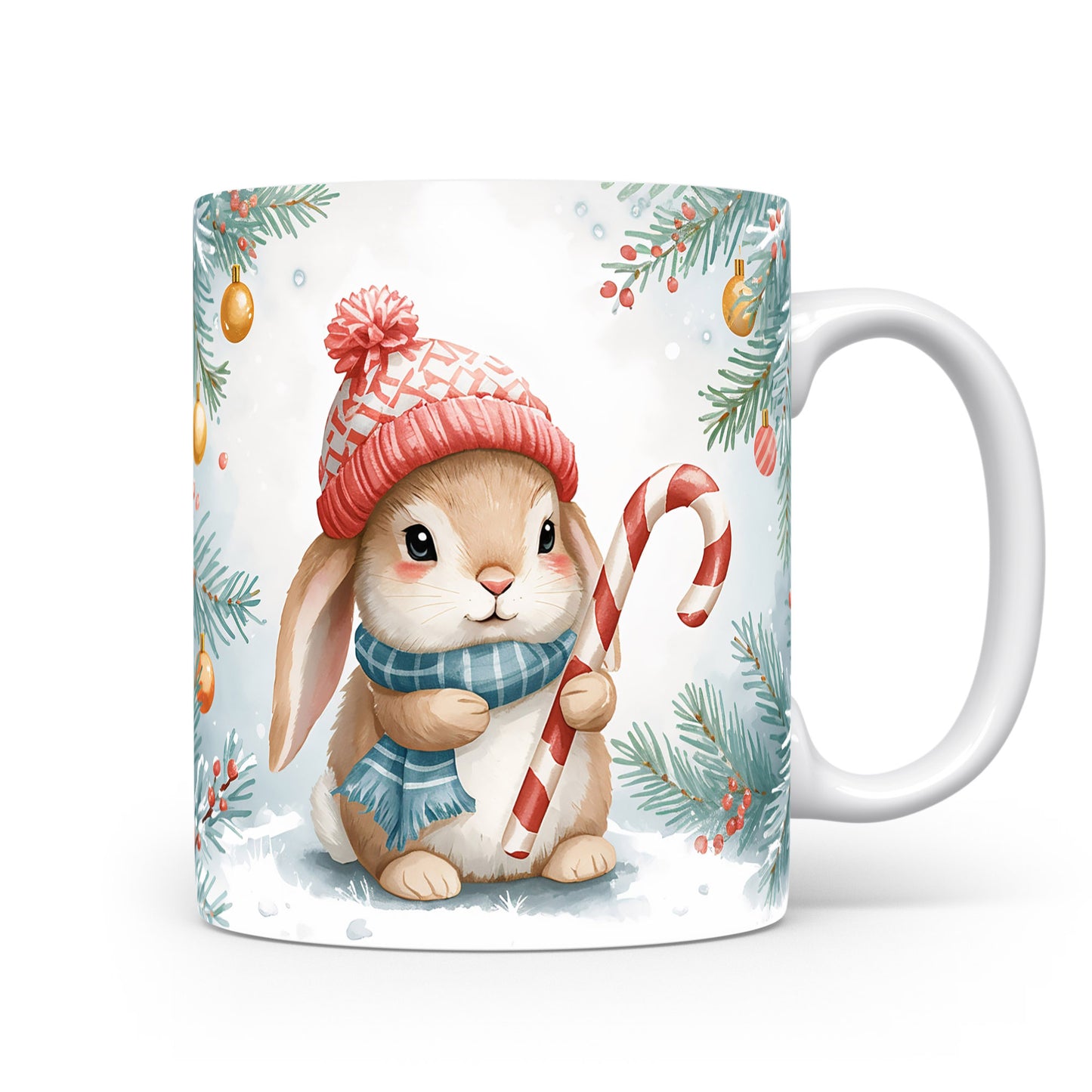 Králíček s cukrovou hůlkou na hrnku.