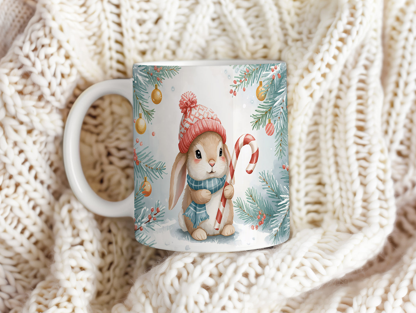 Hrnek s vánočním motivem – králíček s cukrovou hůlkou