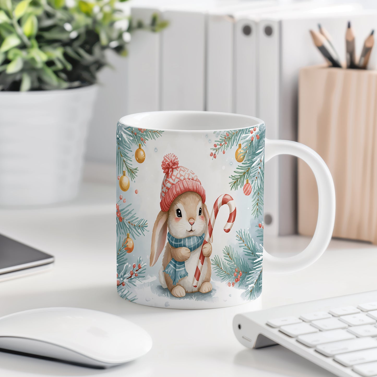 Hrnek s vánočním motivem – králíček s cukrovou hůlkou