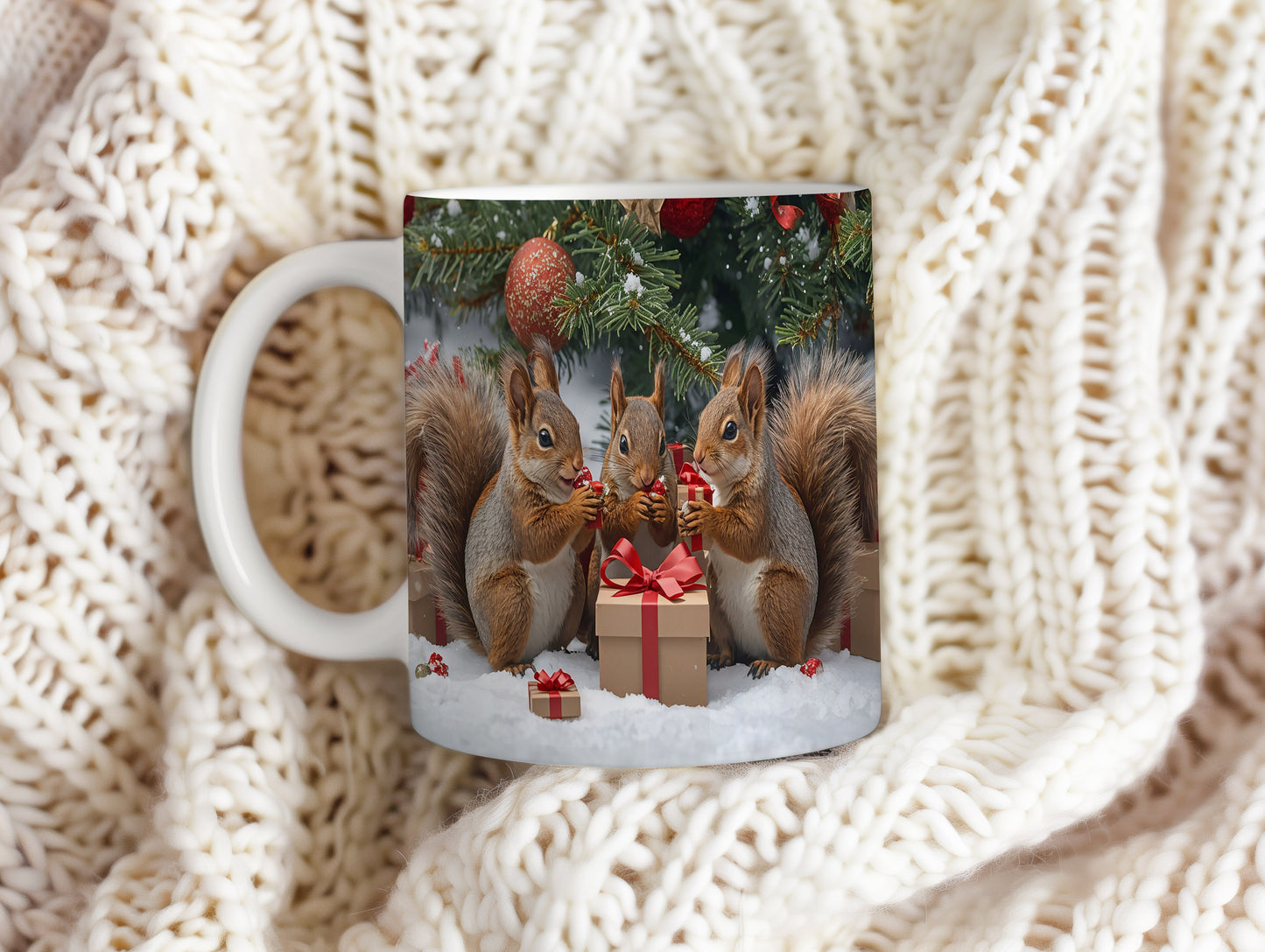 Hrnek s vánočním motivem – veverky s dárky – sníh, veverky