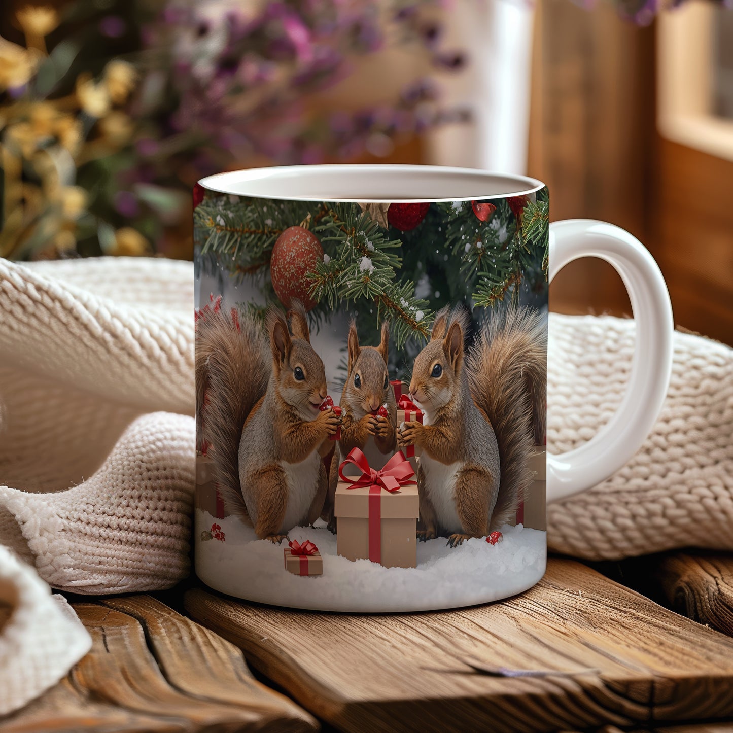 Hrnek s vánočním motivem – veverky s dárky – sníh, veverky