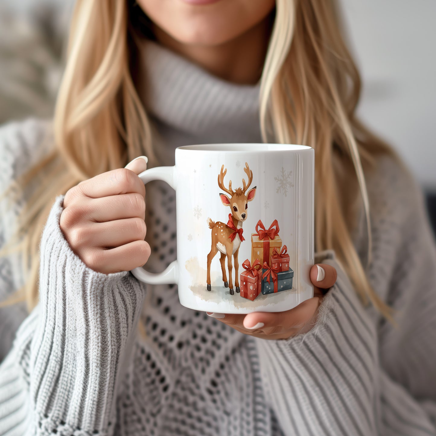 Hrnek s vánočním motivem – sob s dárky – sníh, sob, dárky – varianta 33