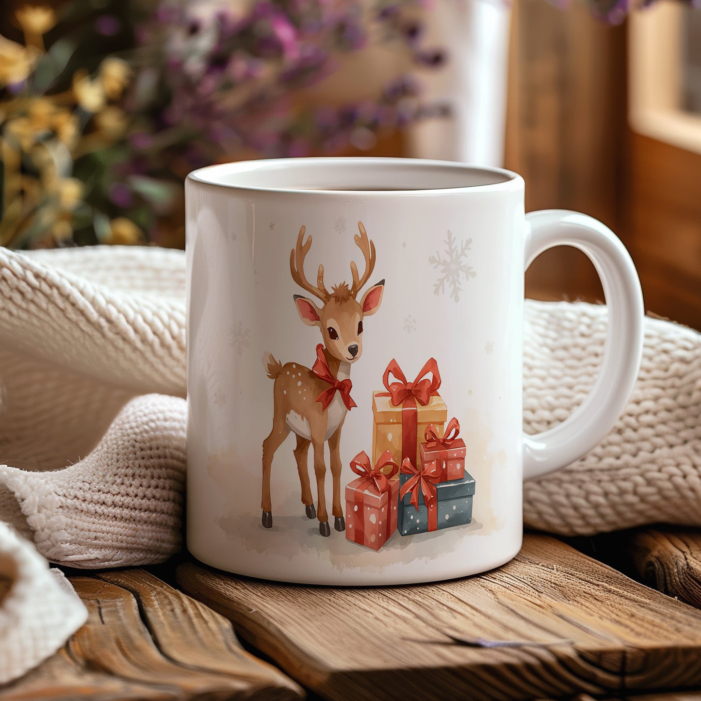 Hrnek s vánočním motivem – sob s dárky – sníh, sob, dárky – varianta 33